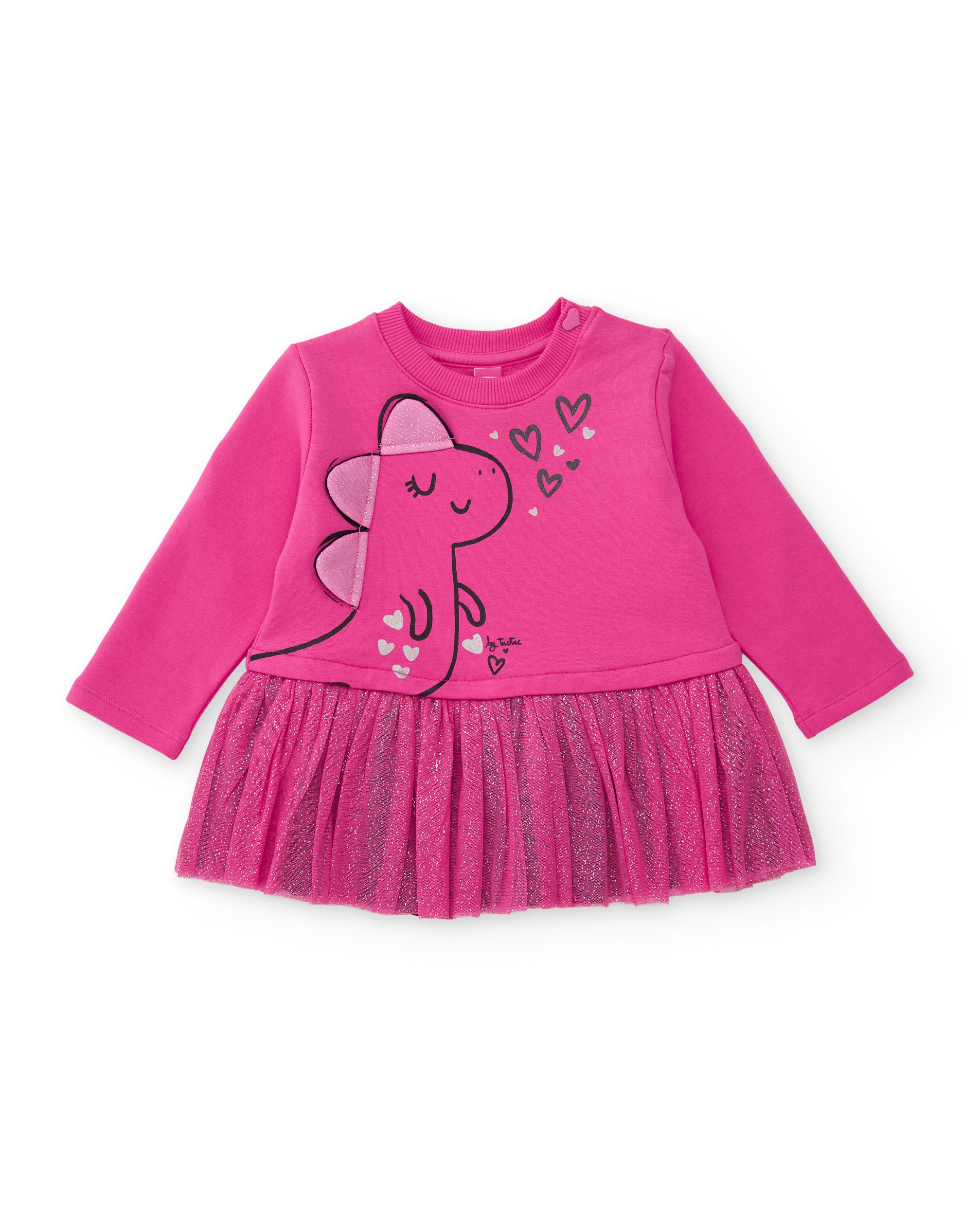 Vestido de niña de punto y felpa con diseño de dinosaurio y volante