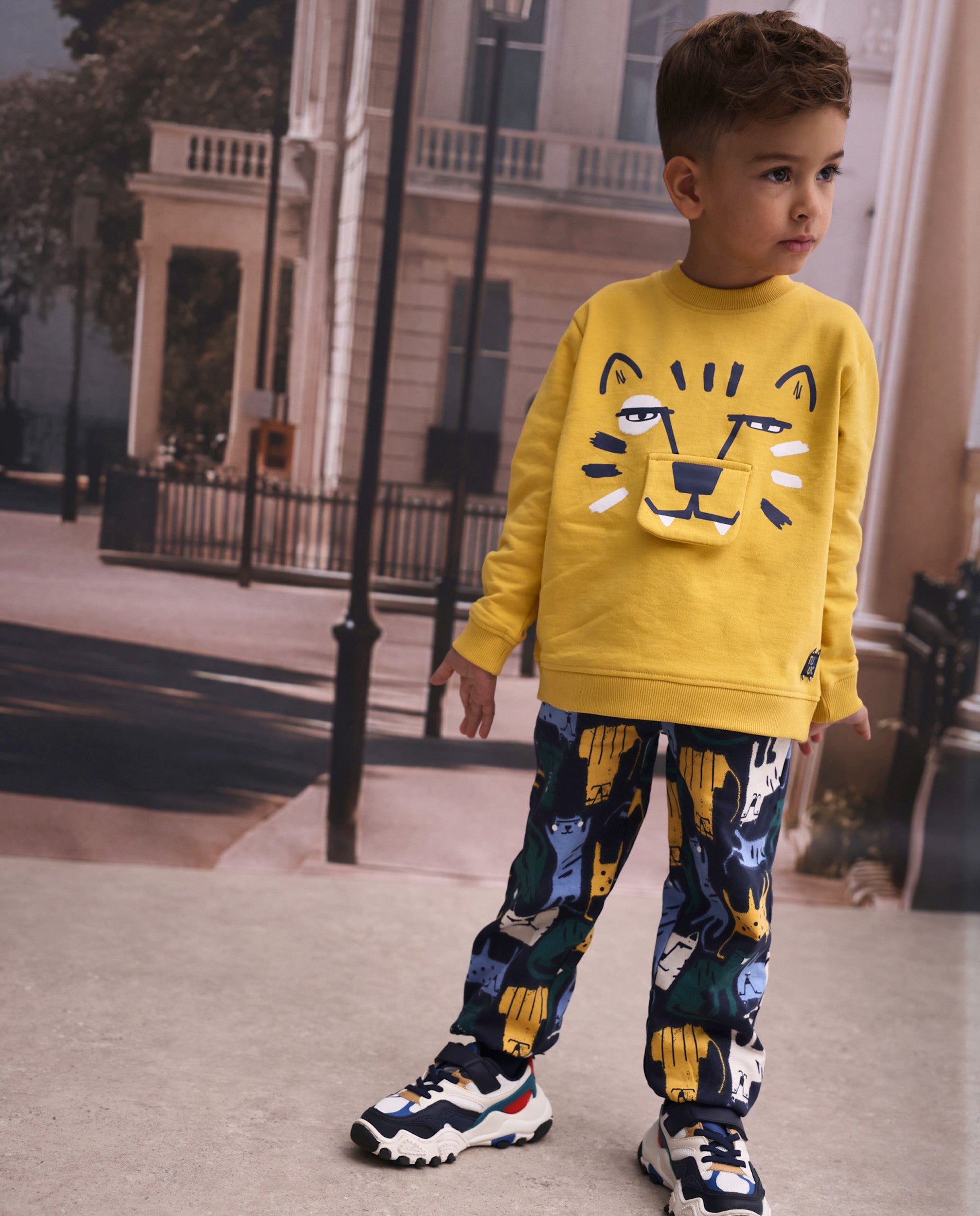 Conjunto de niño de felpa con sudadera de diseño de tigre y pantalón a juego