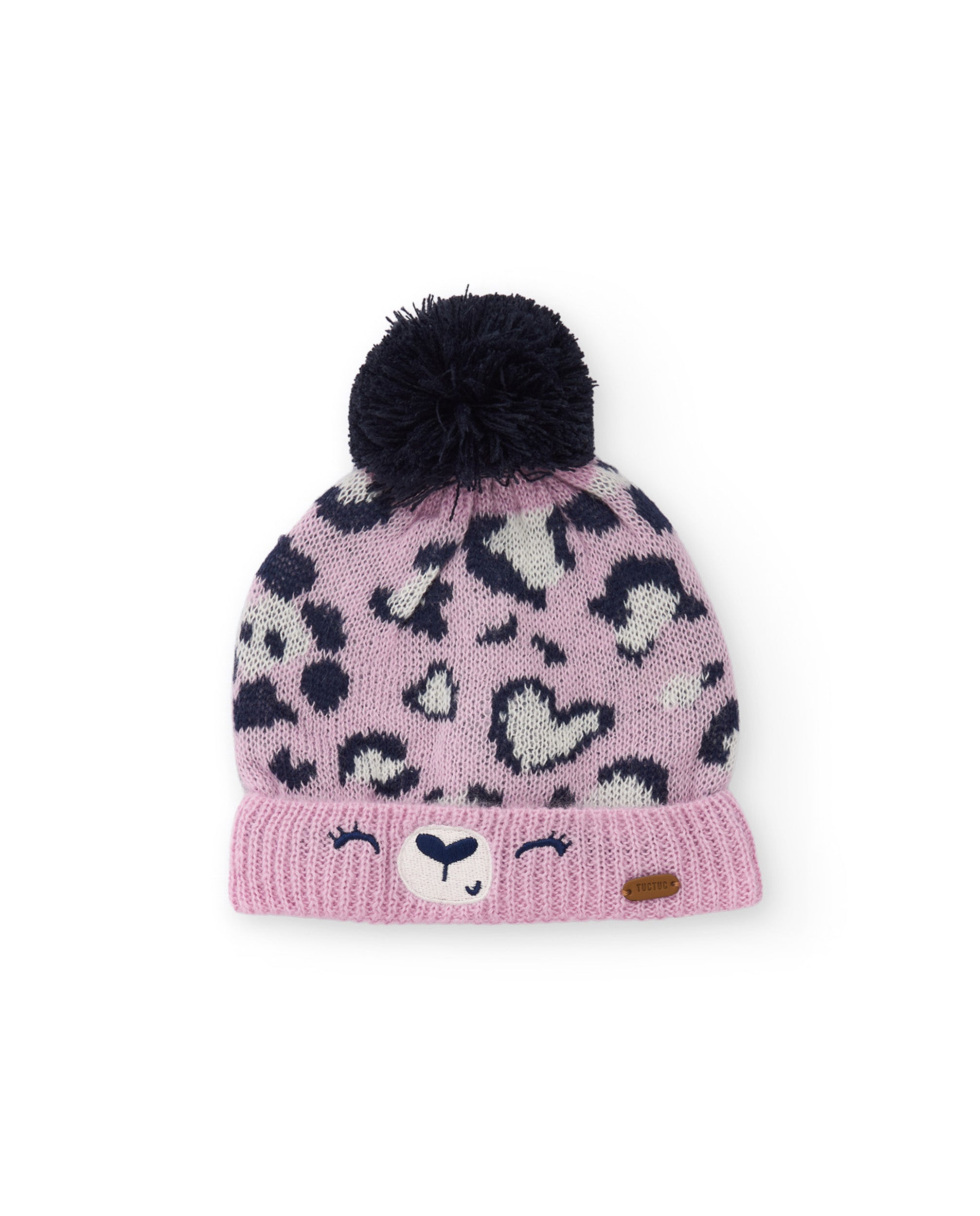 Gorro de niña de tricot con estampado animal print y pompón