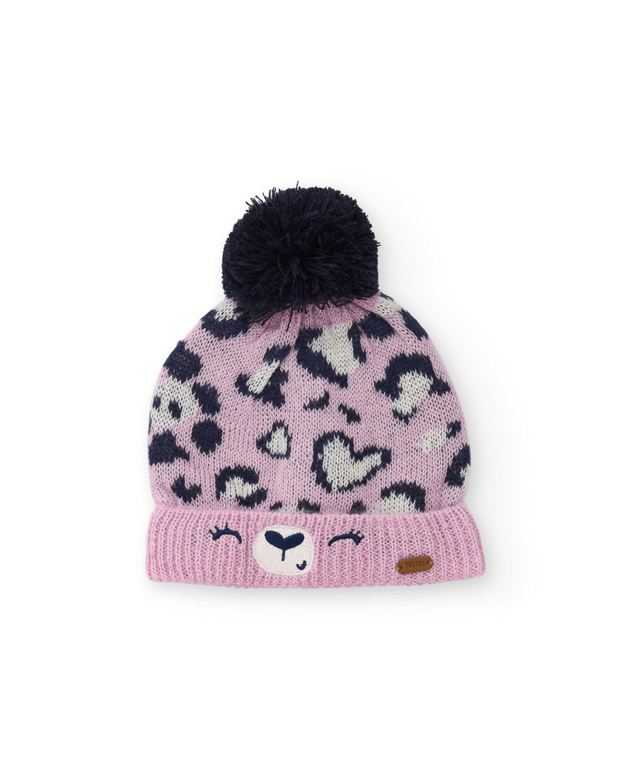 Gorro de niña de tricot con estampado animal print y pompón
