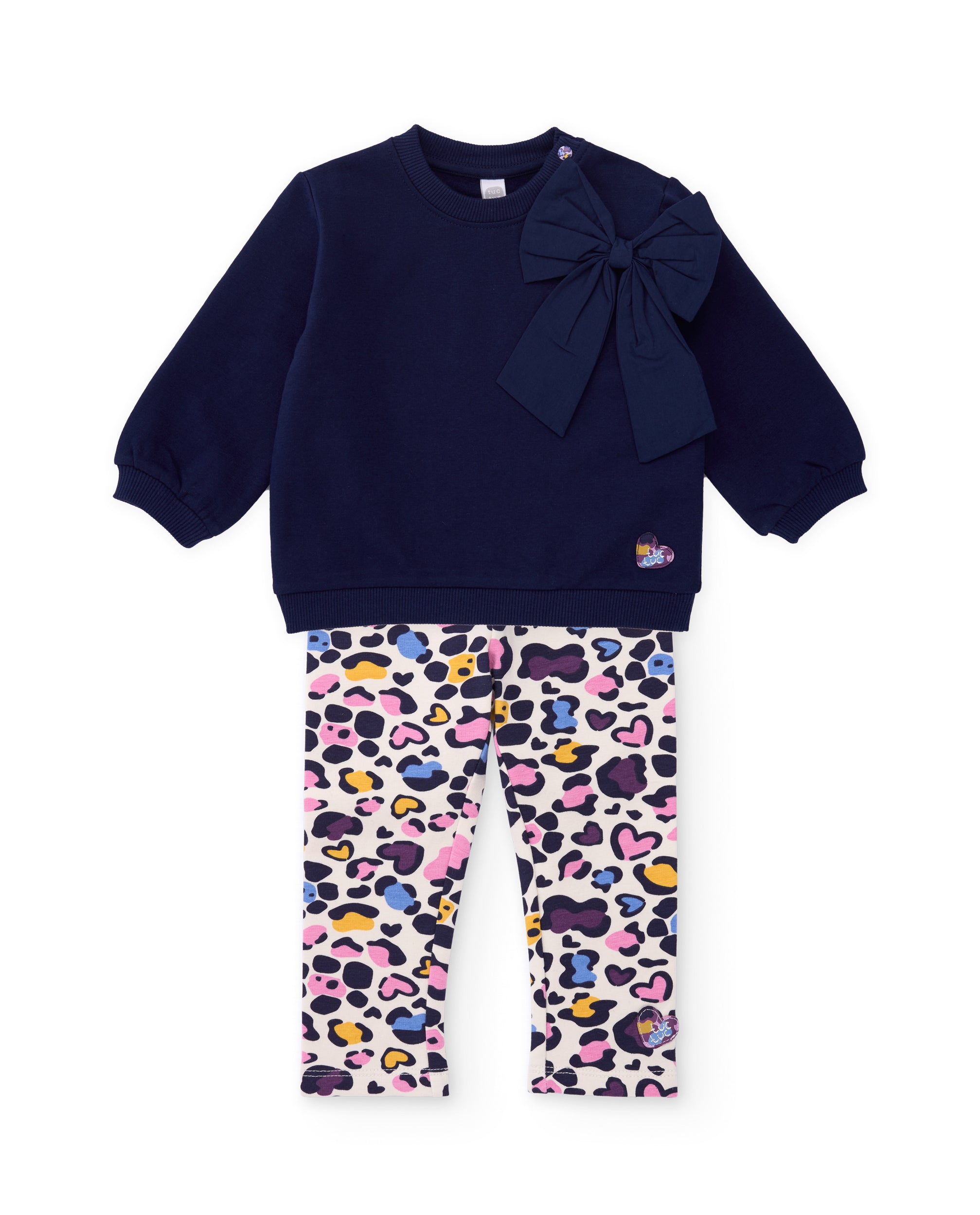 Conjunto de niña de felpa con sudadera con lazada y leggings estampados