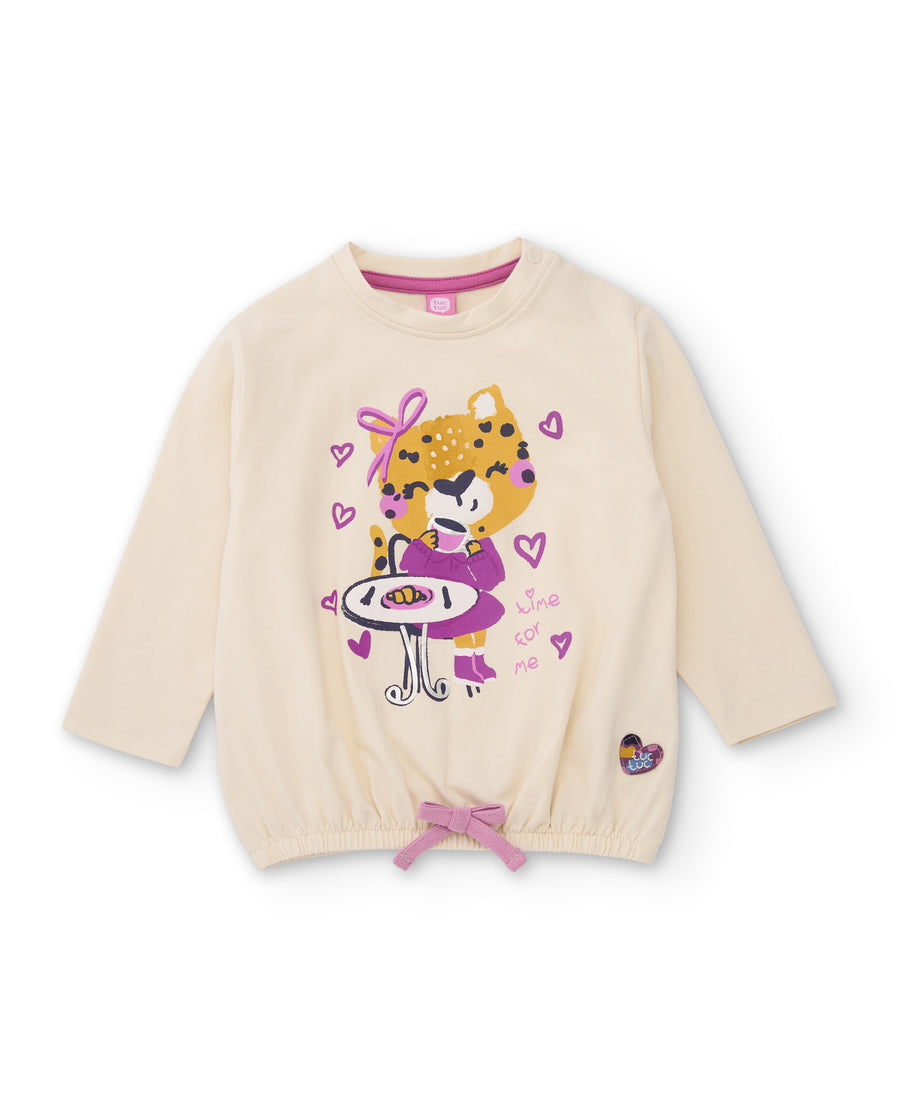 T-shirt de menina em malha com desenho de leopardo e detalhe de laço