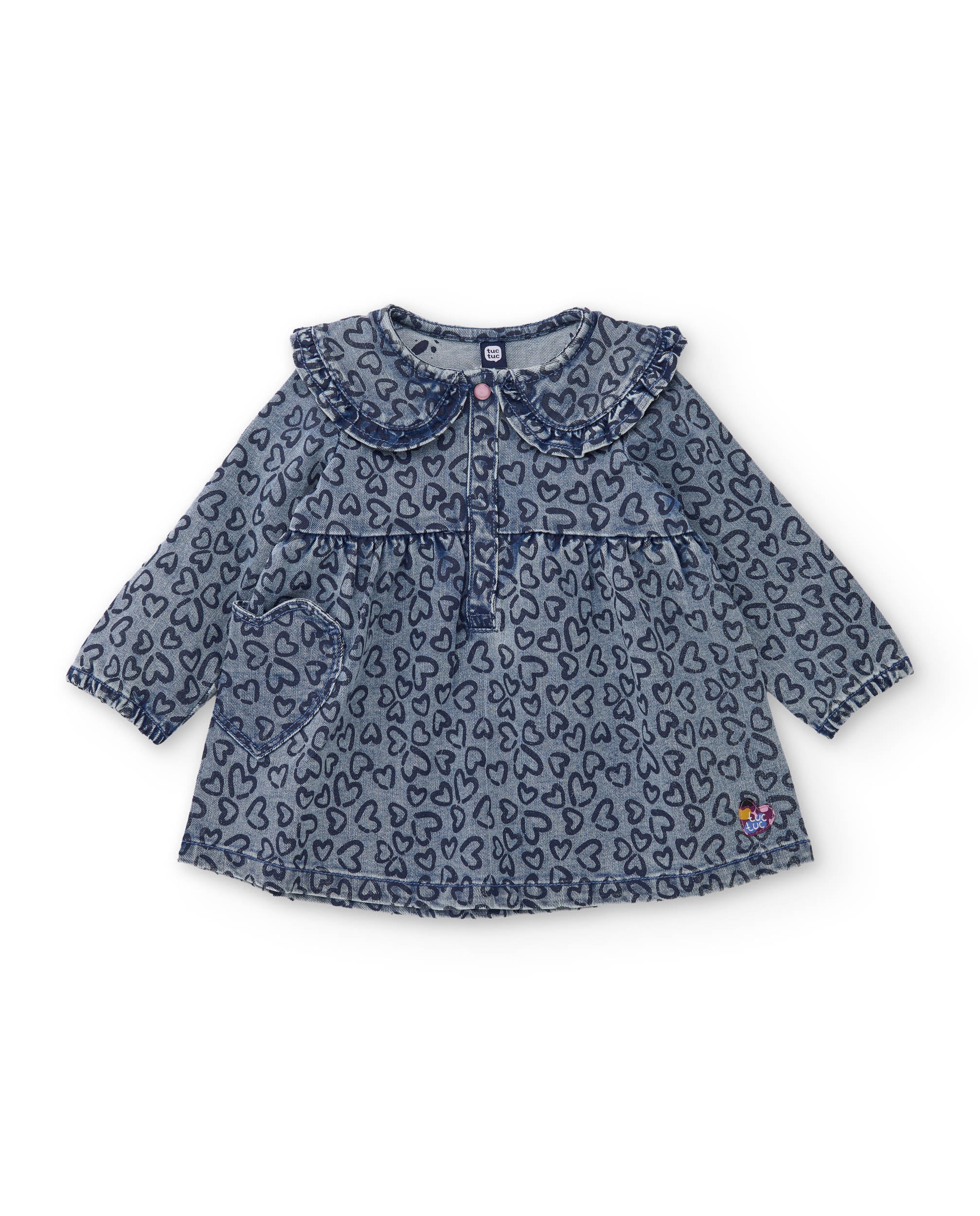 Vestido de niña en denim con estampado de corazones y tejido suave
