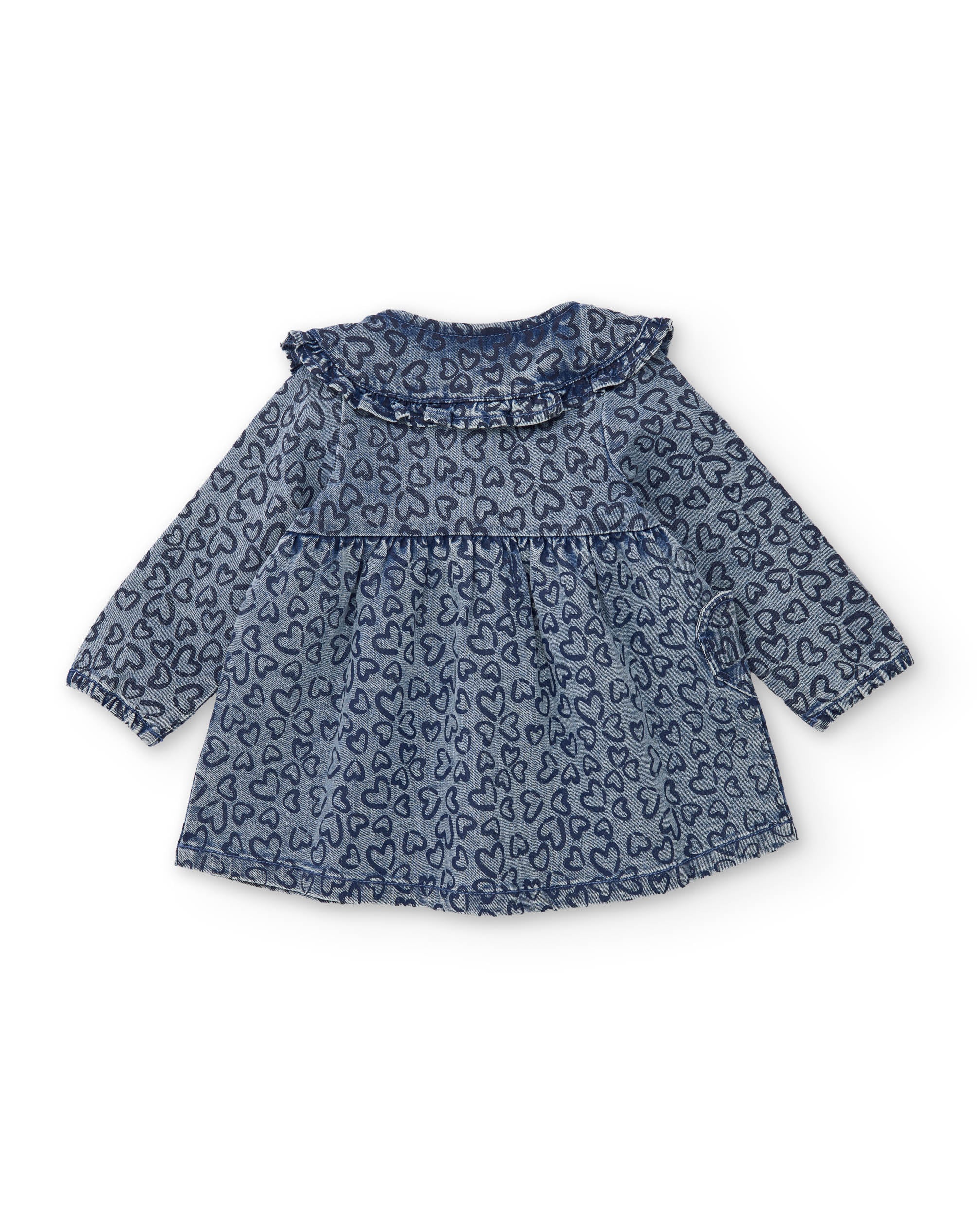 Vestido de niña en denim con estampado de corazones y tejido suave