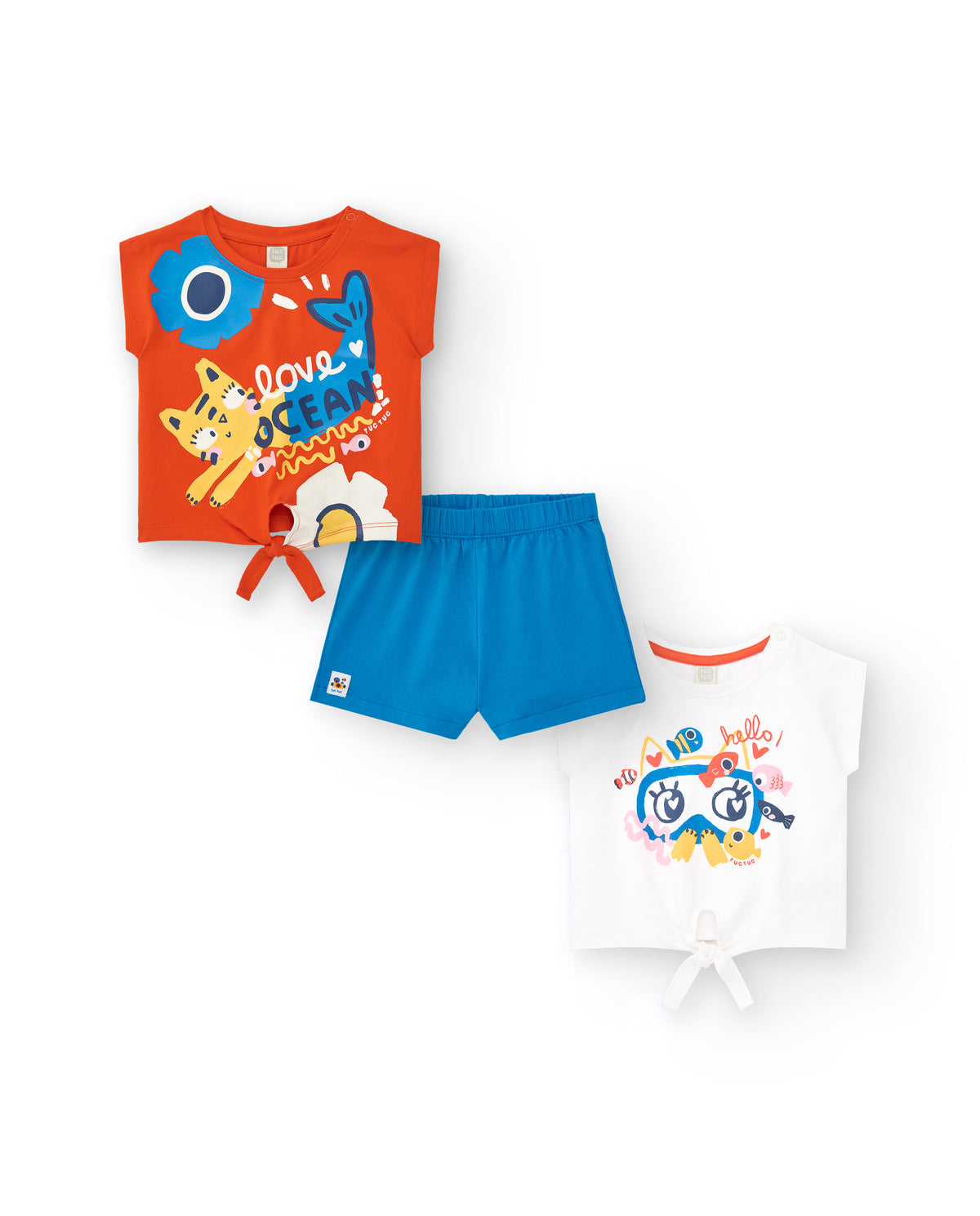Conjunto 2 camisetas y short punto de para niña en blanco y
