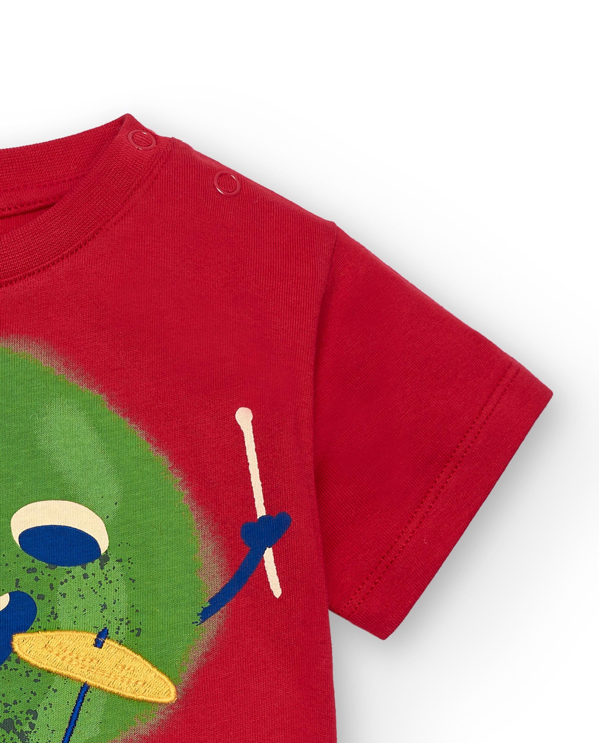 Camiseta de niño en rojo con estampado de fruta y batería
