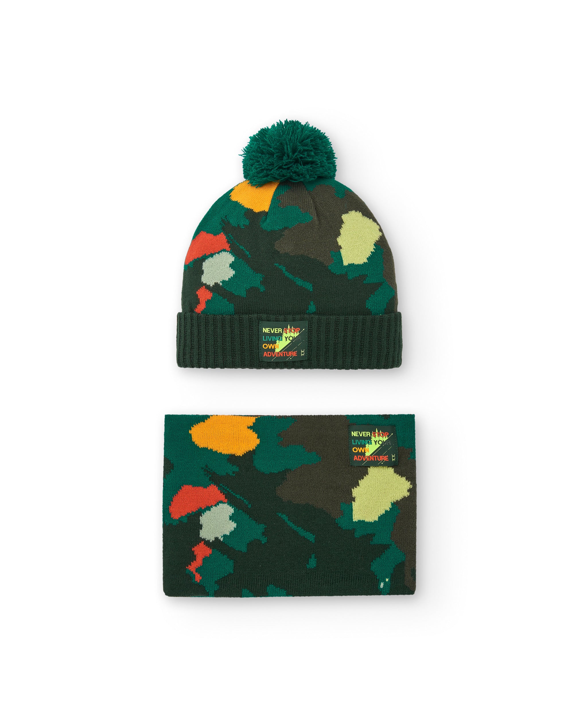 Set de gorro y braga para niño en verde con estampado de