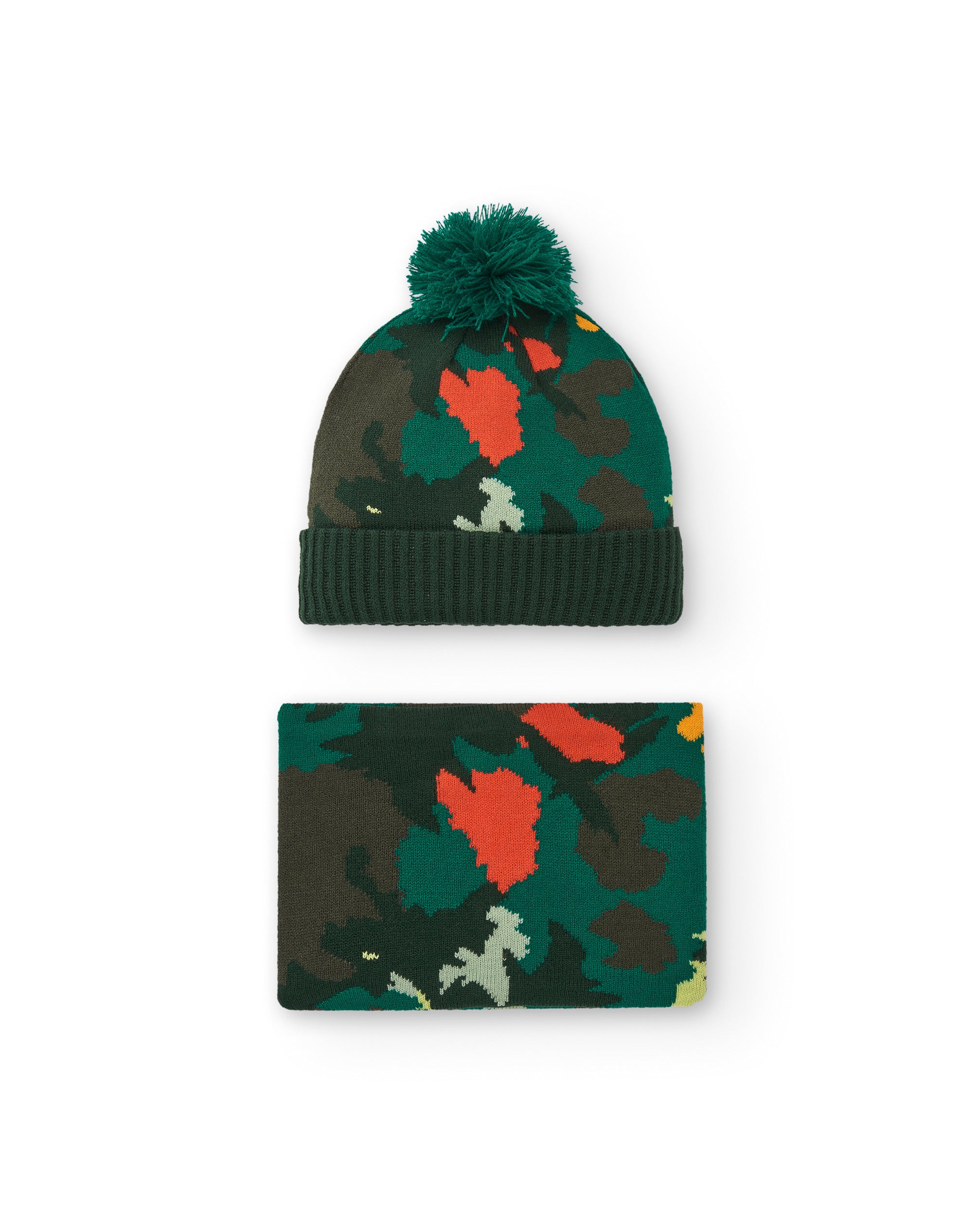 Set de gorro y braga para niño en verde con estampado de