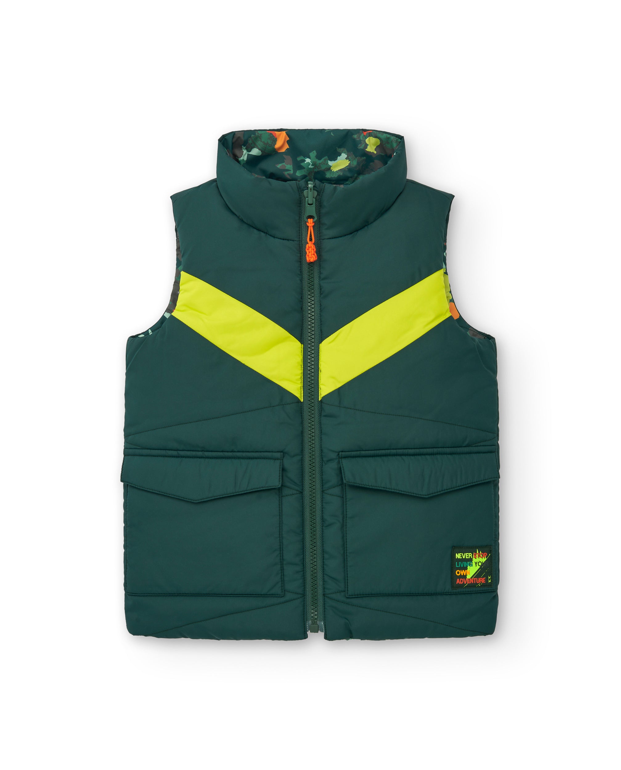 Chaleco reversible para niño en verde con detalles en amarillo