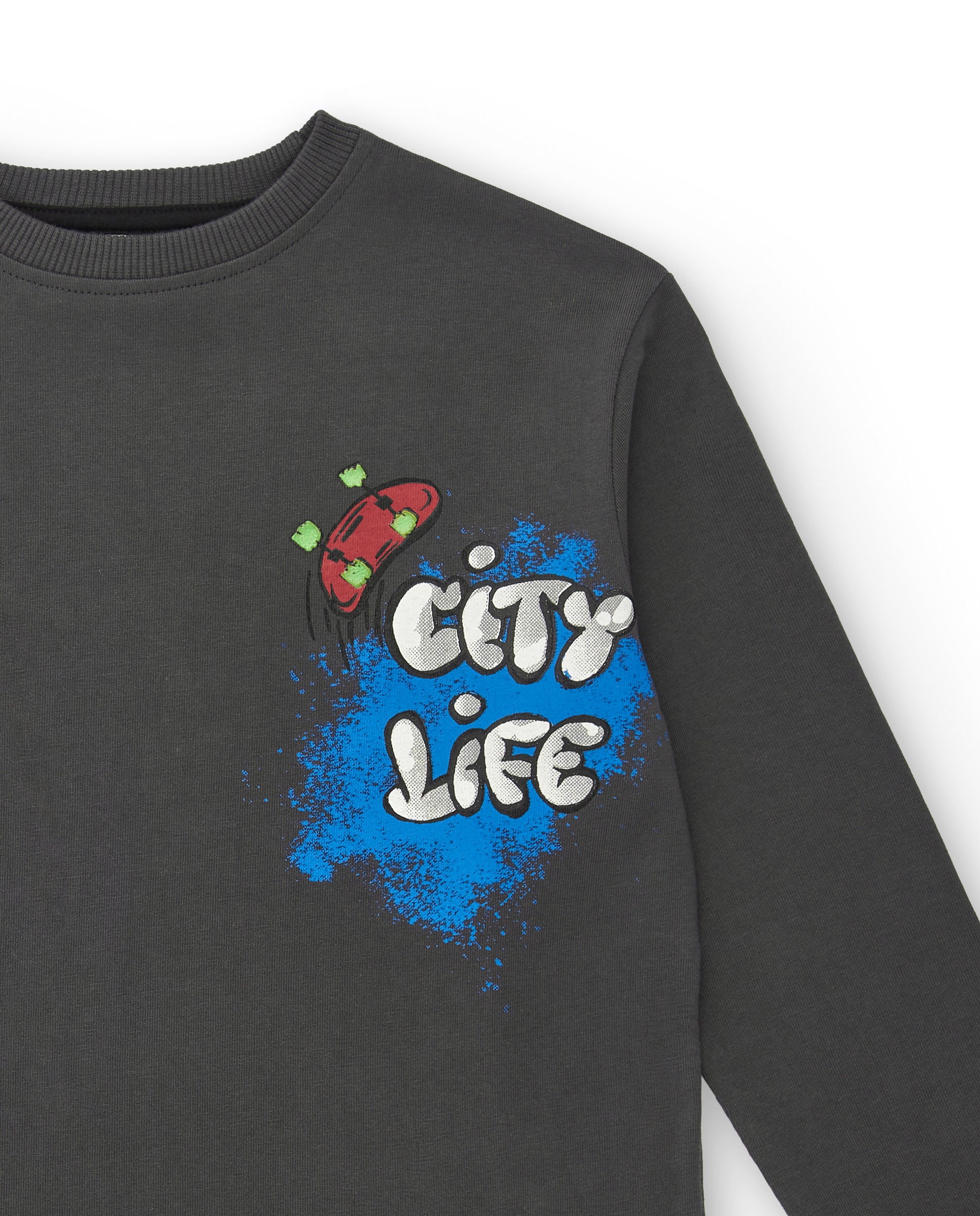 Camiseta de manga larga para niño en gris oscuro con estampado