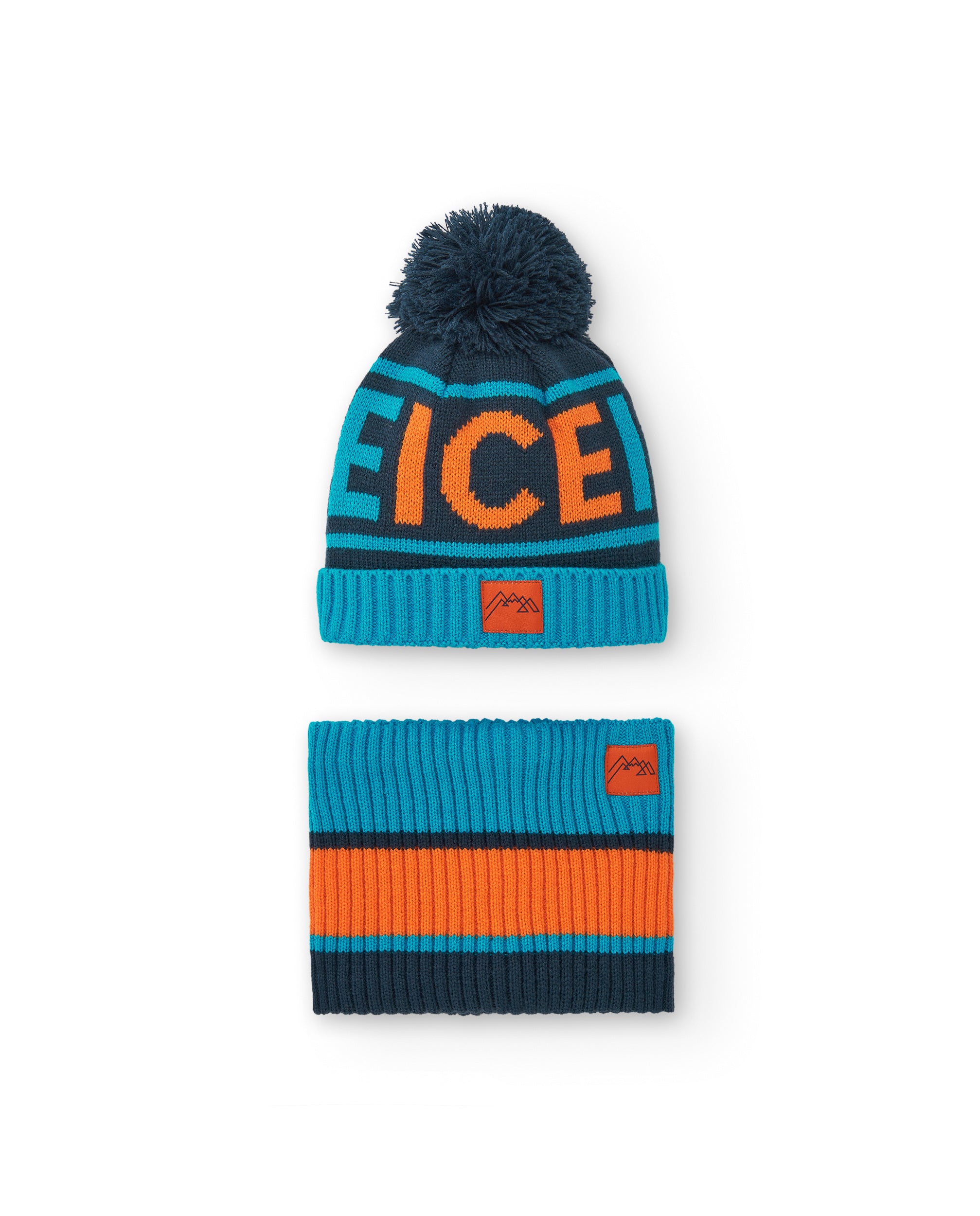 Conjunto de gorro y braga para niño en azul y naranja colección