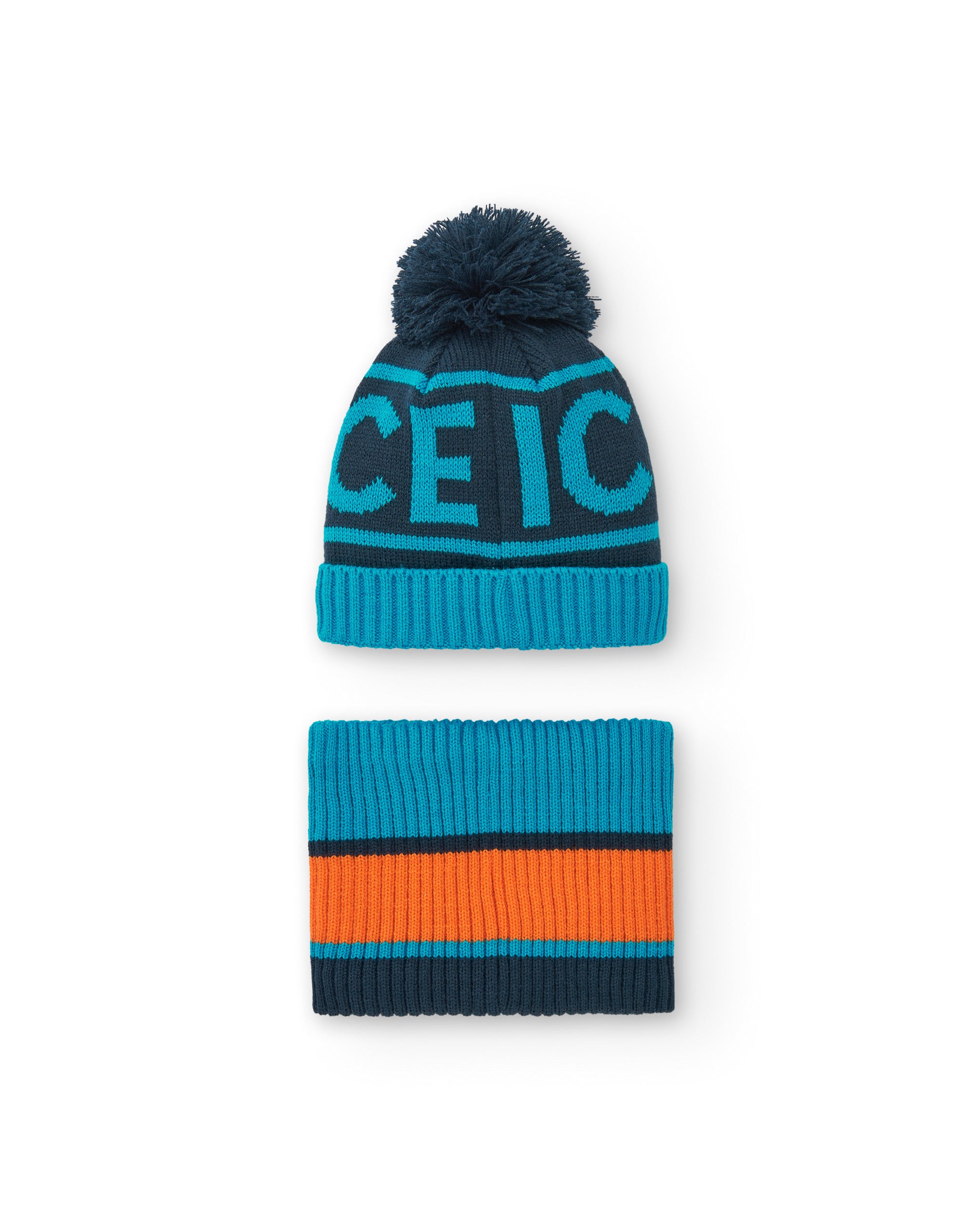 Conjunto de gorro y braga para niño en azul y naranja colección