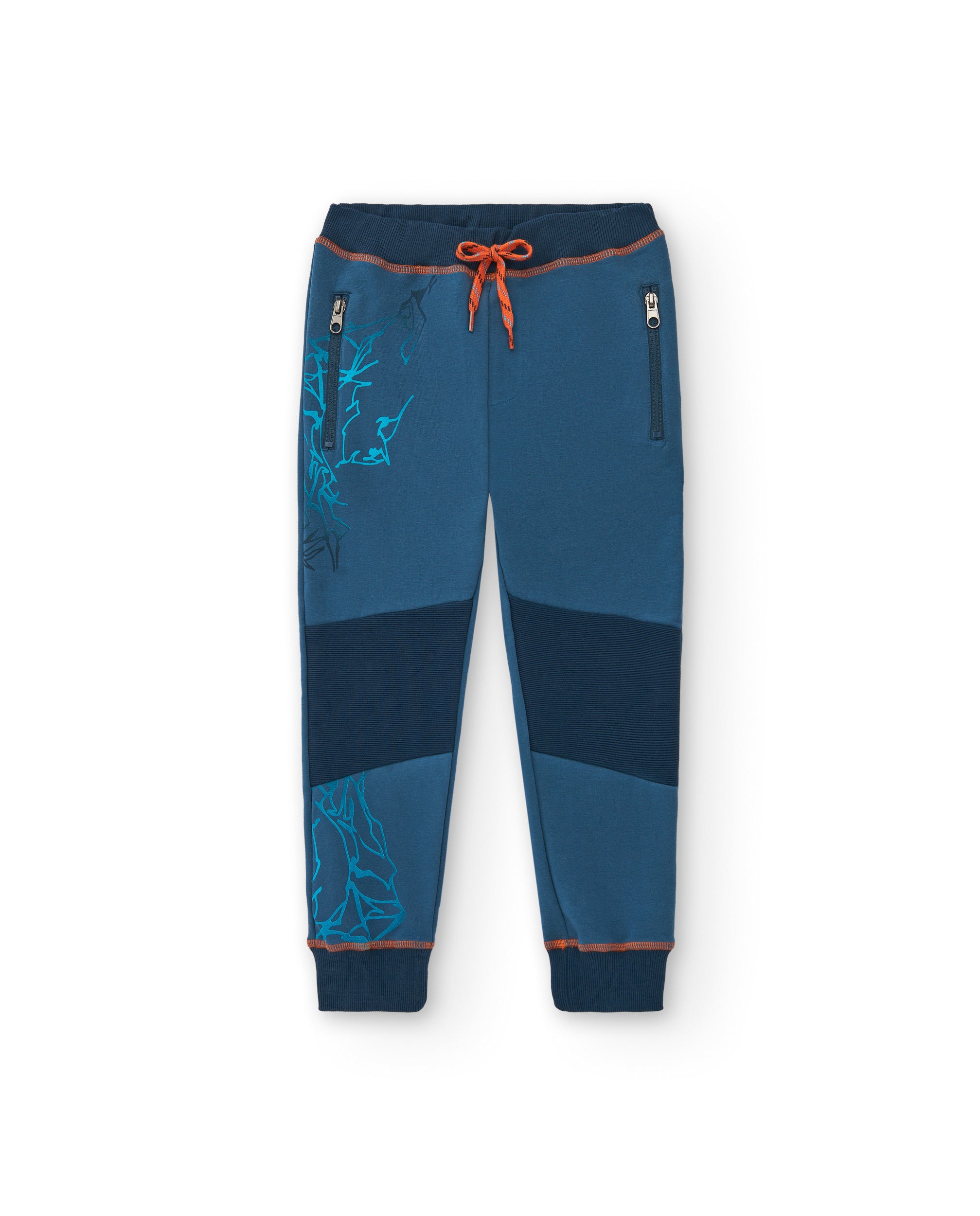 Pantalón felpa para niño en azul con detalles naranjas