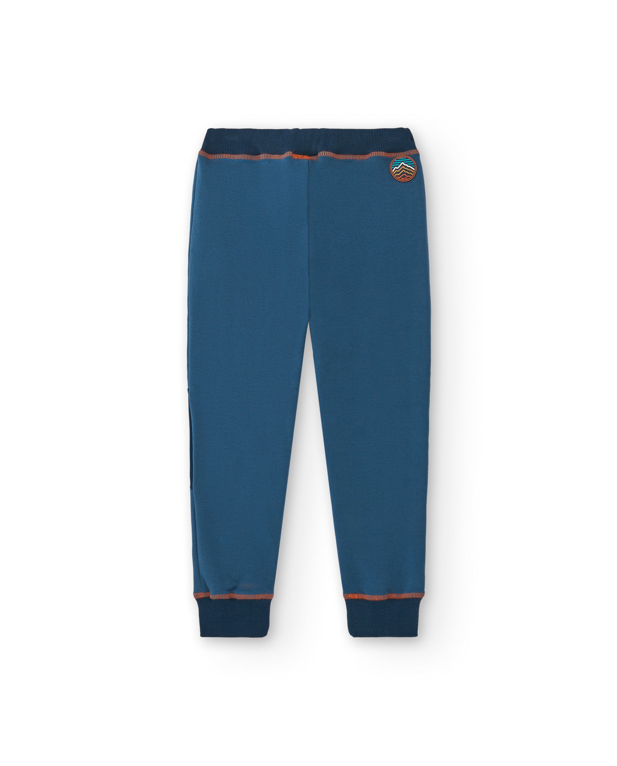Pantalón felpa para niño en azul con detalles naranjas