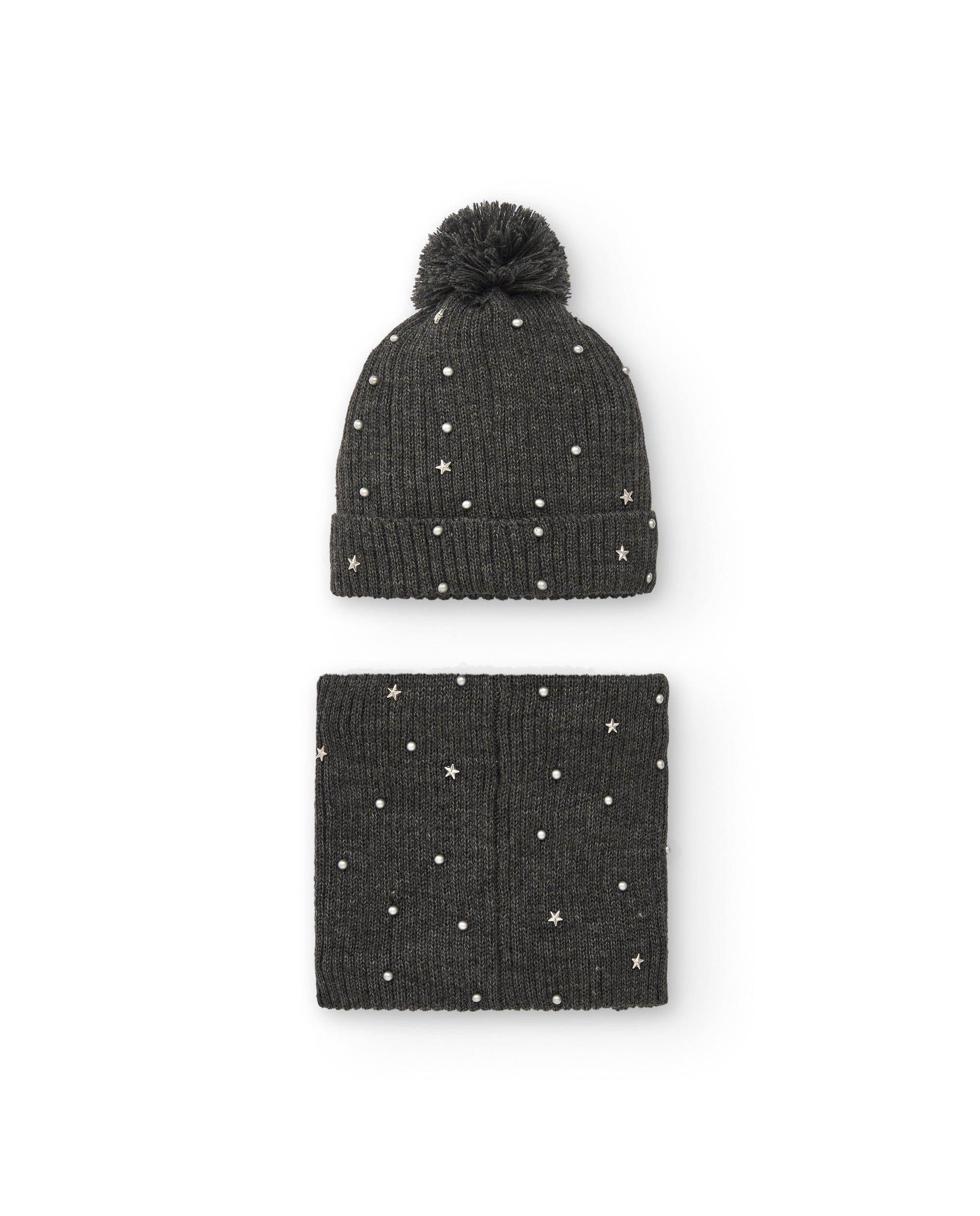 Gorro y bufanda gris con detalles de estrellas para niña