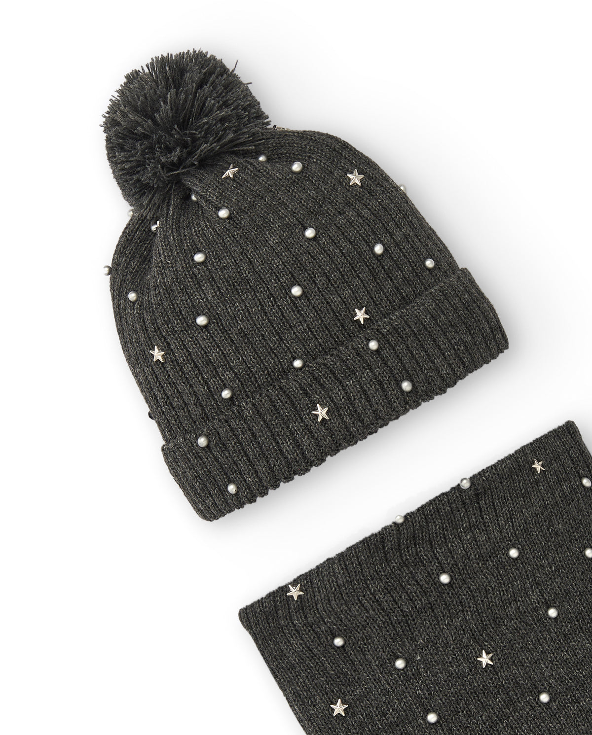 Gorro y bufanda gris con detalles de estrellas para niña