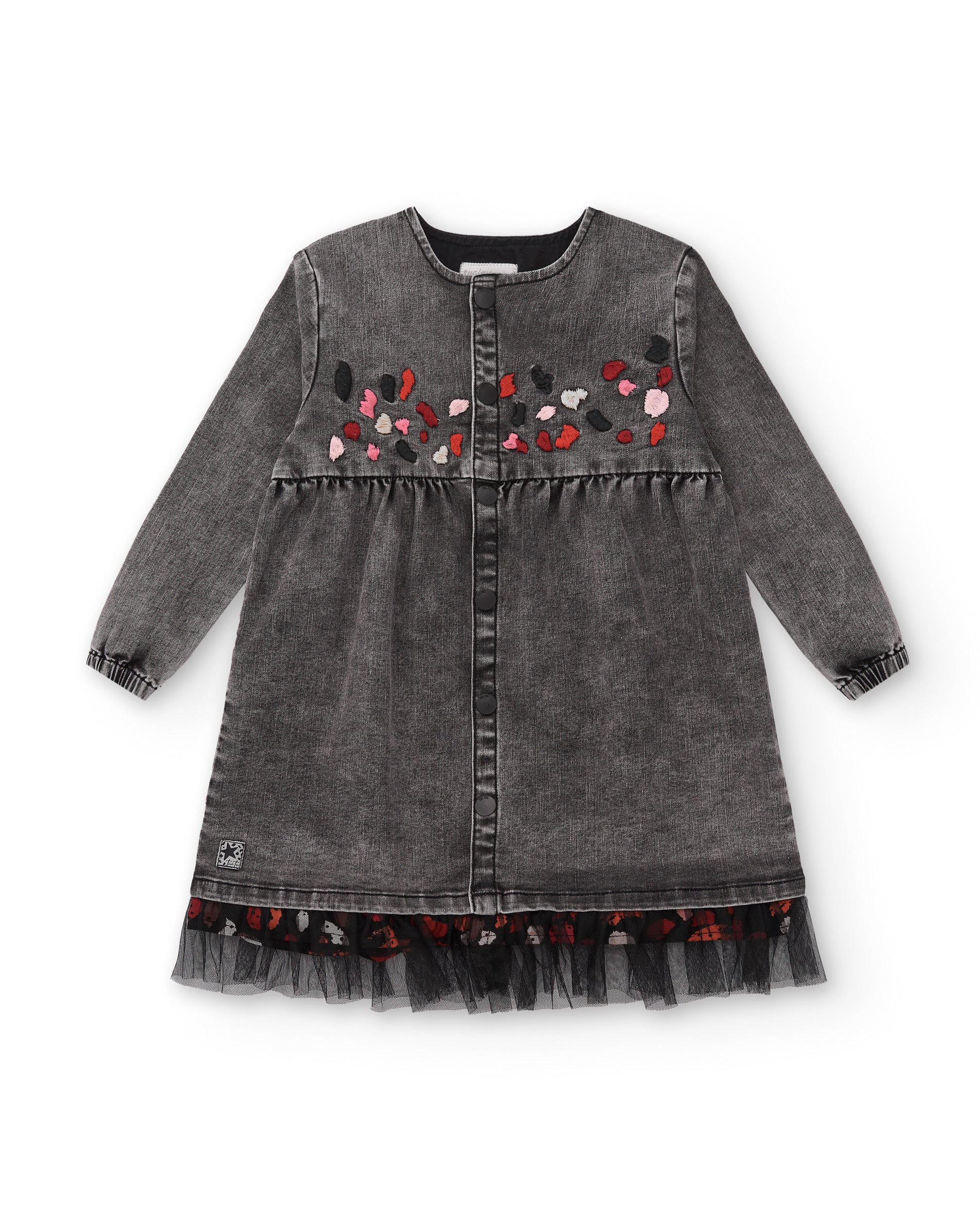 Vestido gris denim con detalles bordados para niña colección