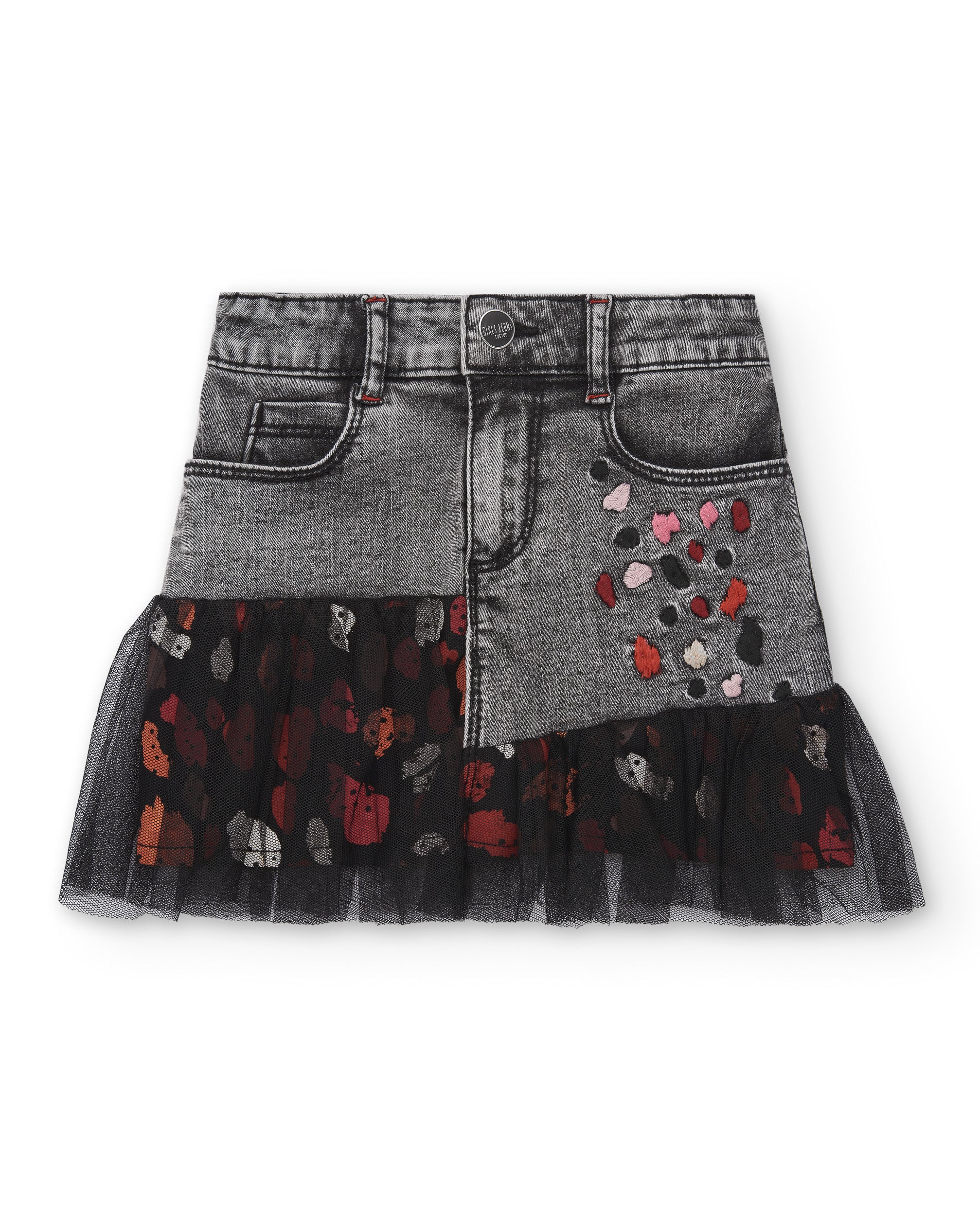 Falda gris denim con bordado floral y detalles de tul para niña