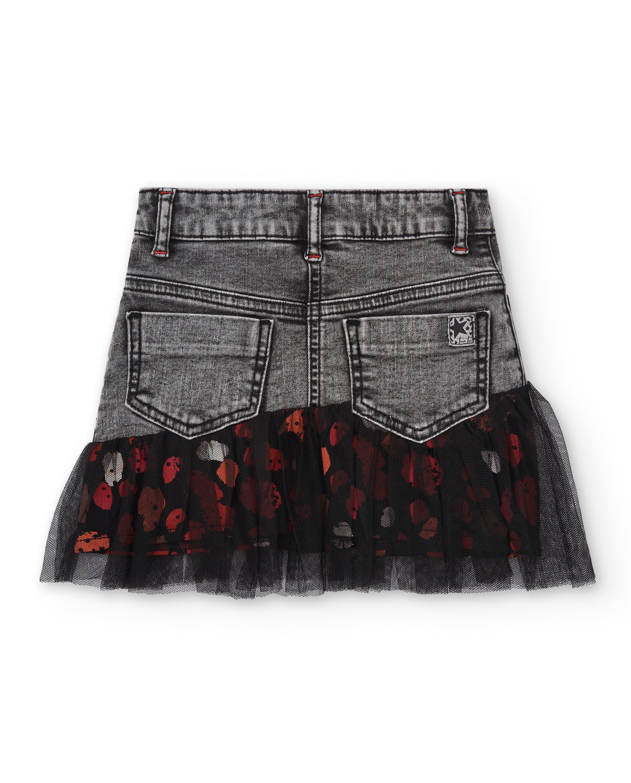 Falda gris denim con bordado floral y detalles de tul para niña