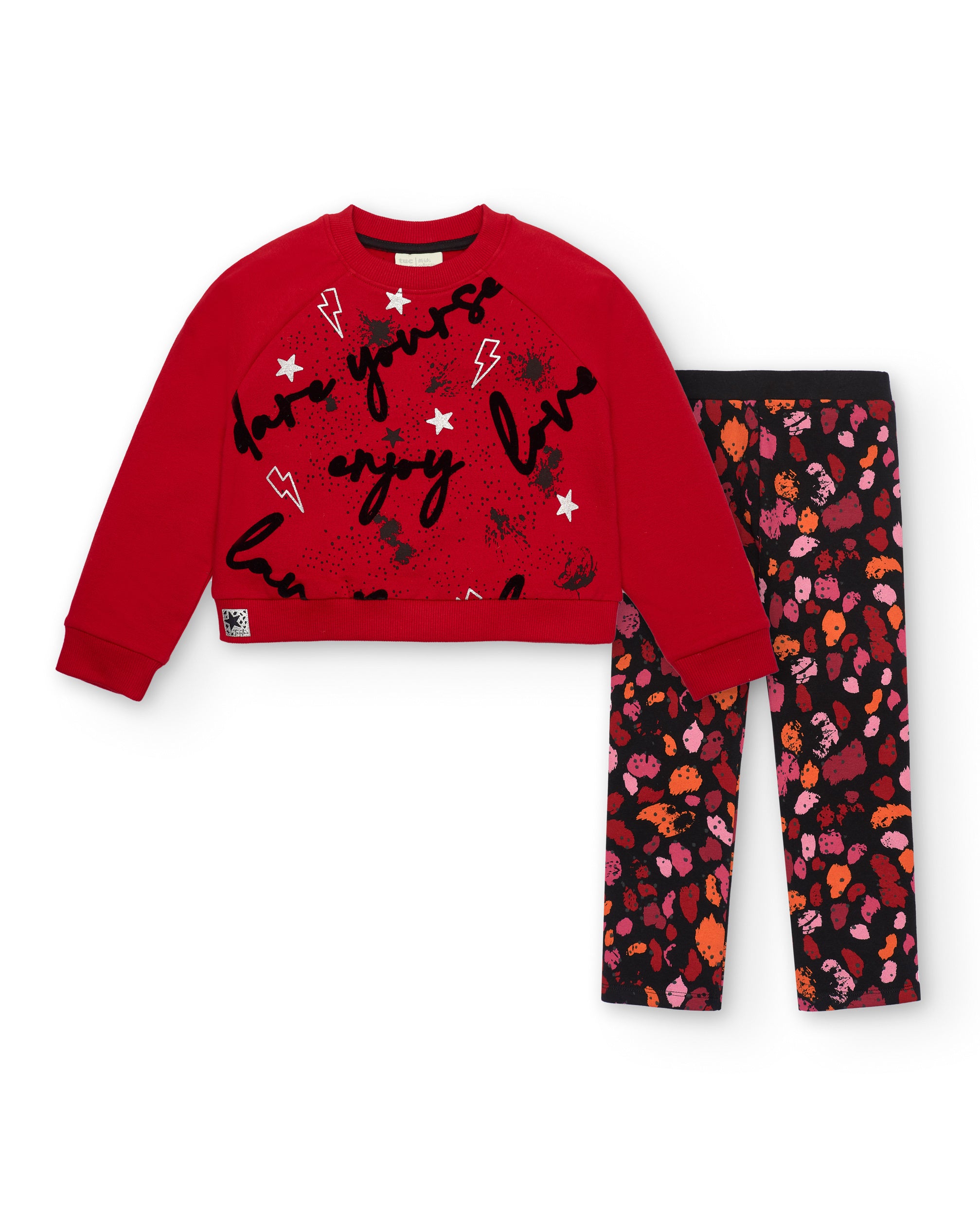 Conjunto de sudadera roja con leggings estampados para niña
