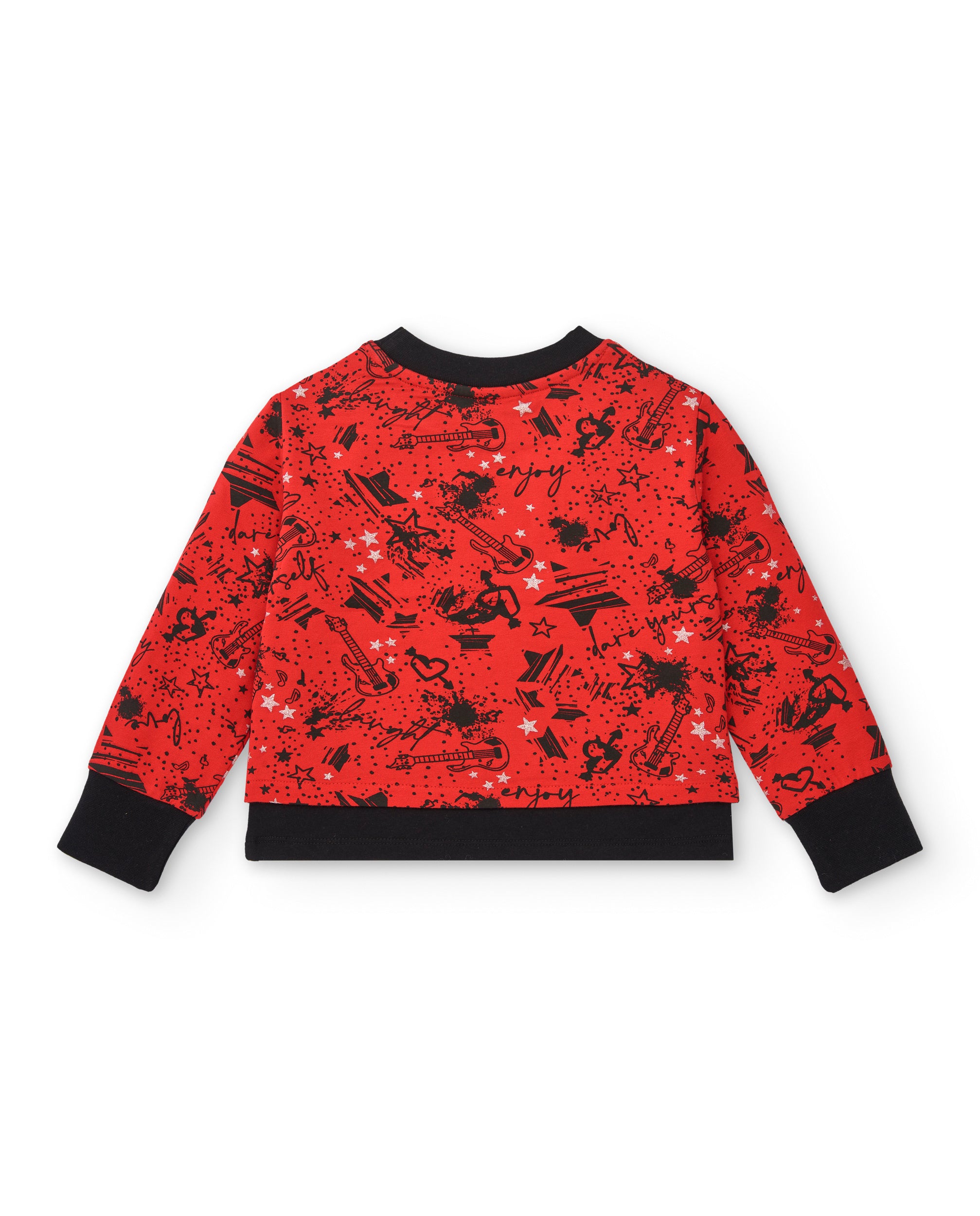 Camiseta roja con estampado musical y detalles negros para niña