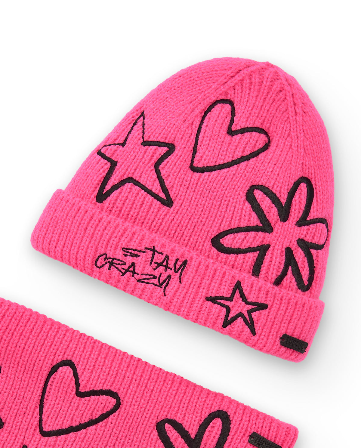Conjunto de gorro y bufanda fucsia con estampado de estrellas y