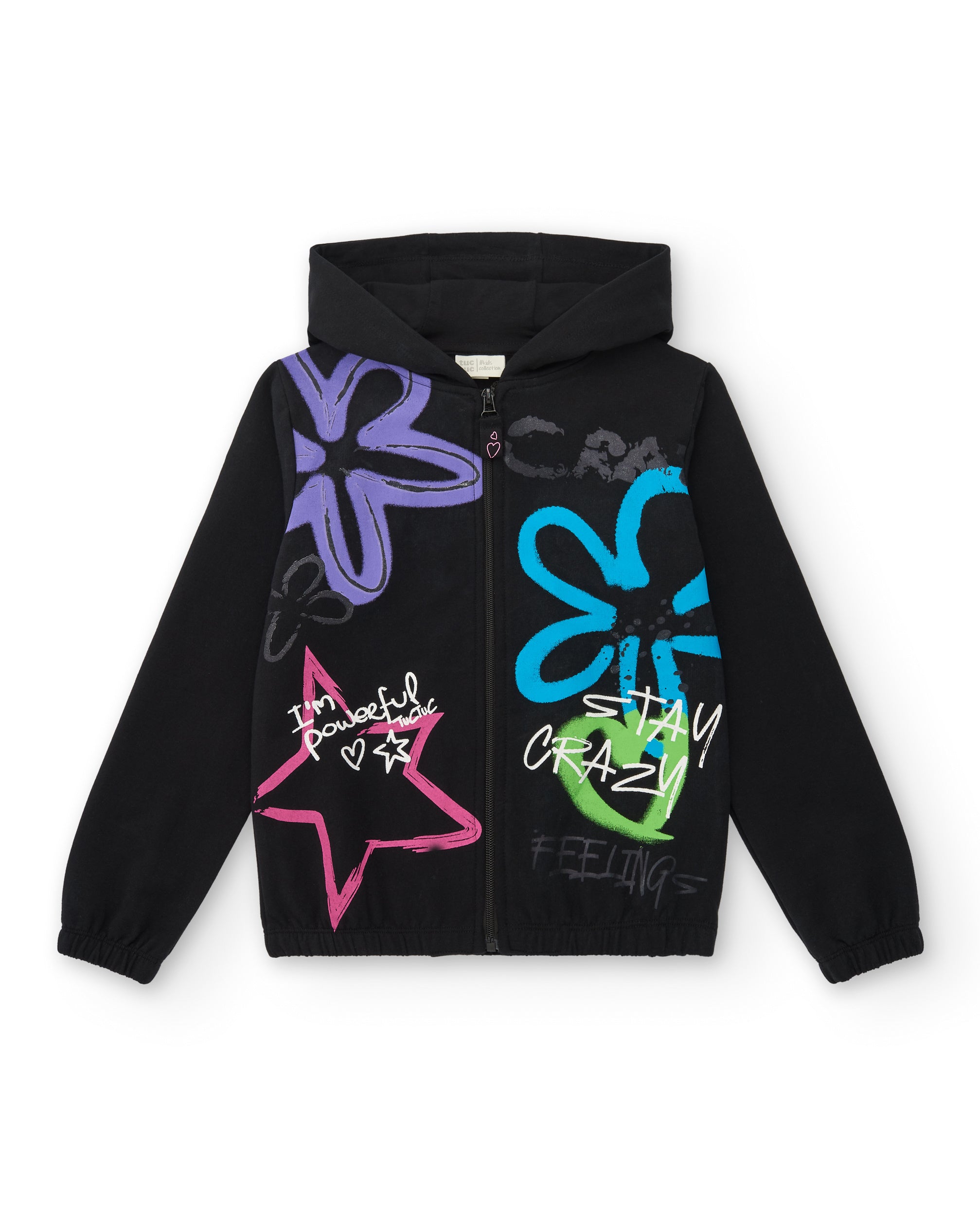 Sudadera negra con capucha y estampado para niña colección