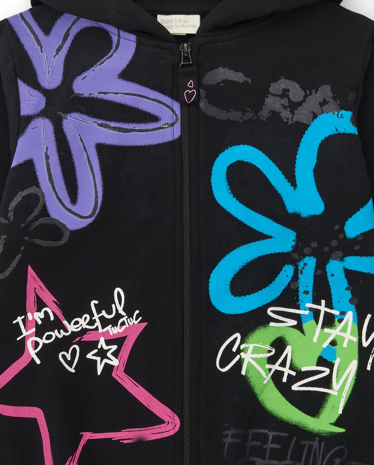 Sudadera negra con capucha y estampado para niña colección