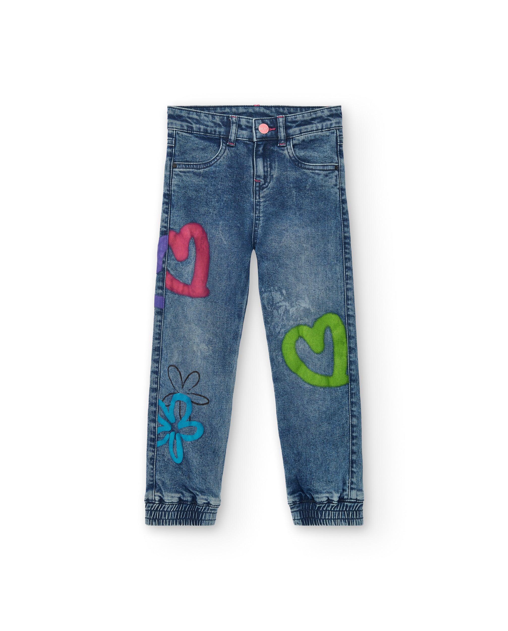 Jeans azules con estampado de corazones y flores para niña