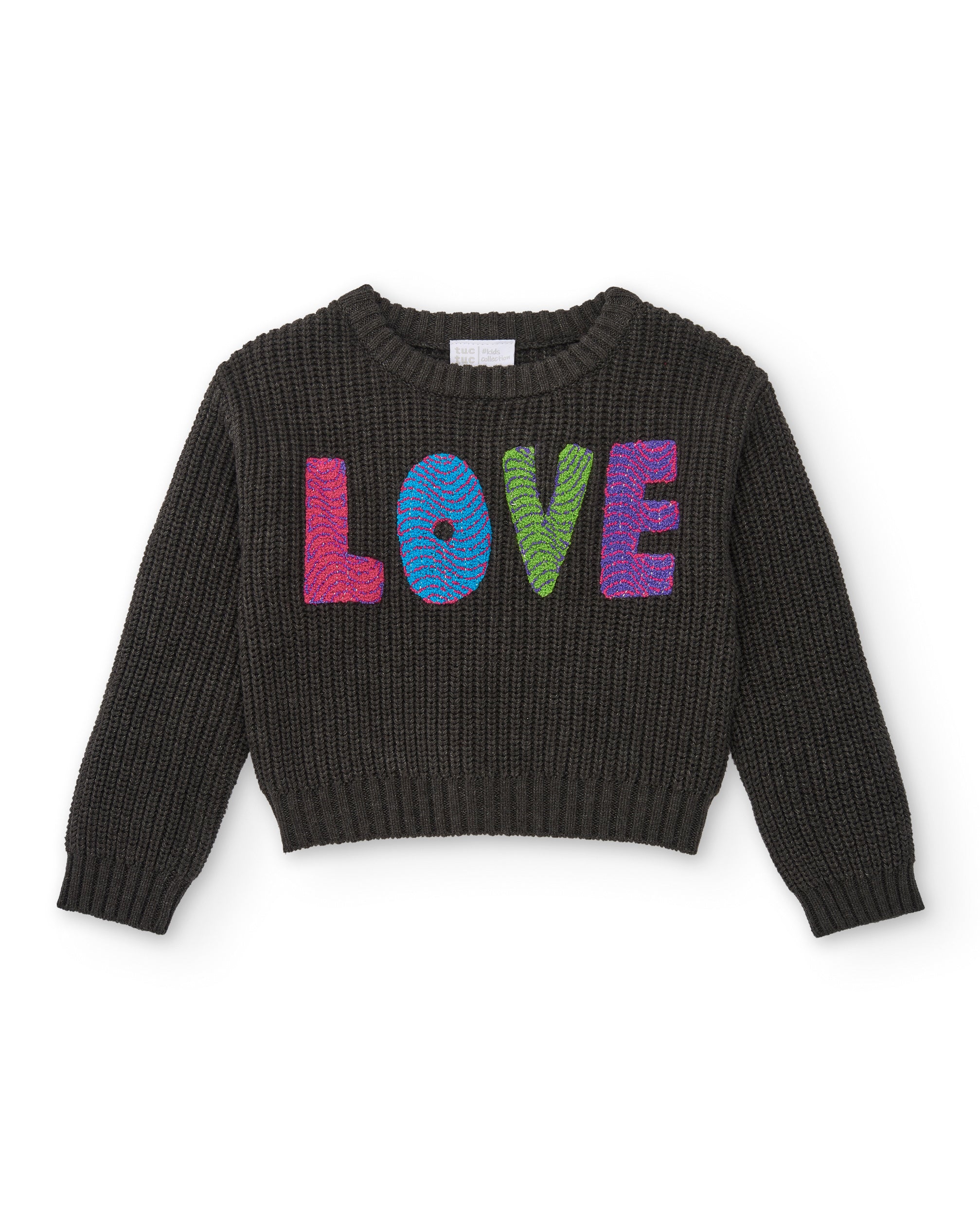 Suéter negro con letras "LOVE" en colores brillantes para niña