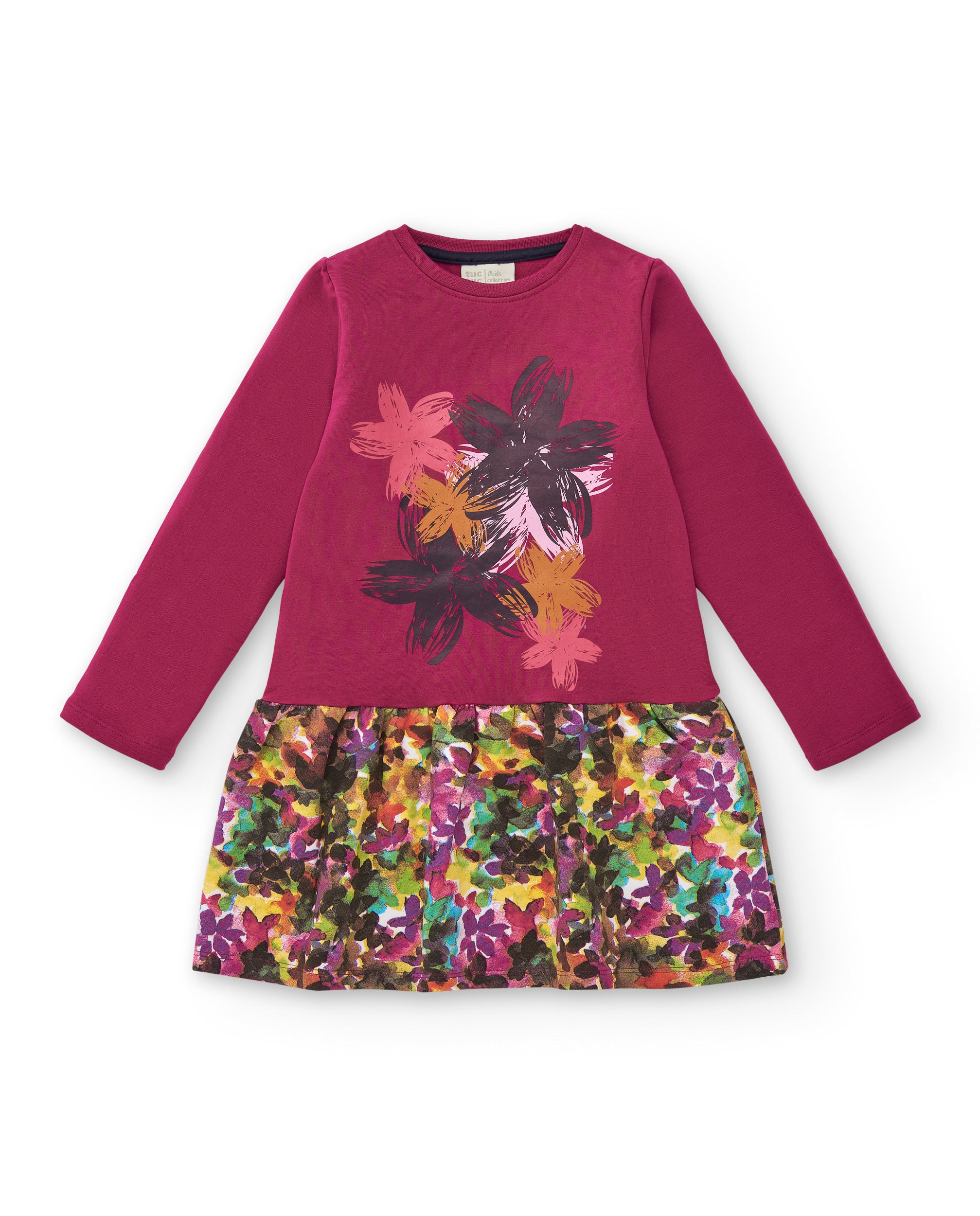 Vestido fucsia con falda estampada y detalles florales para