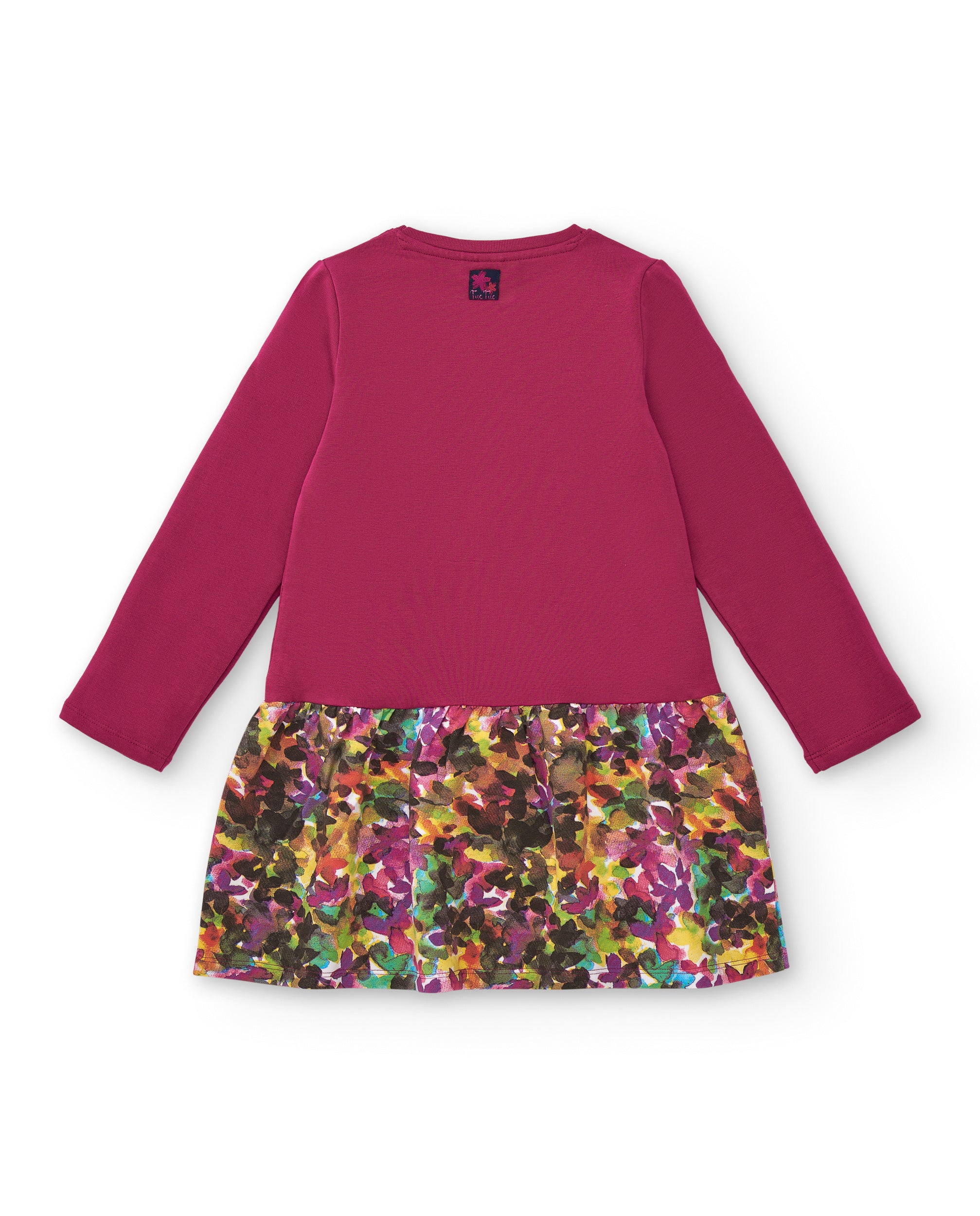 Vestido fucsia con falda estampada y detalles florales para