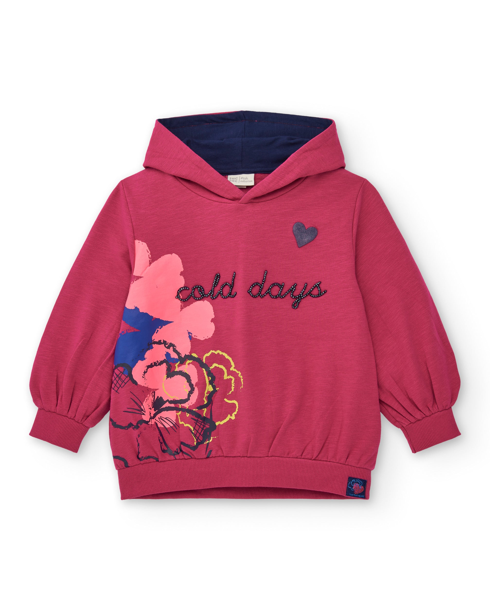 Sudadera con capucha fucsia con estampado floral y texto "Cold