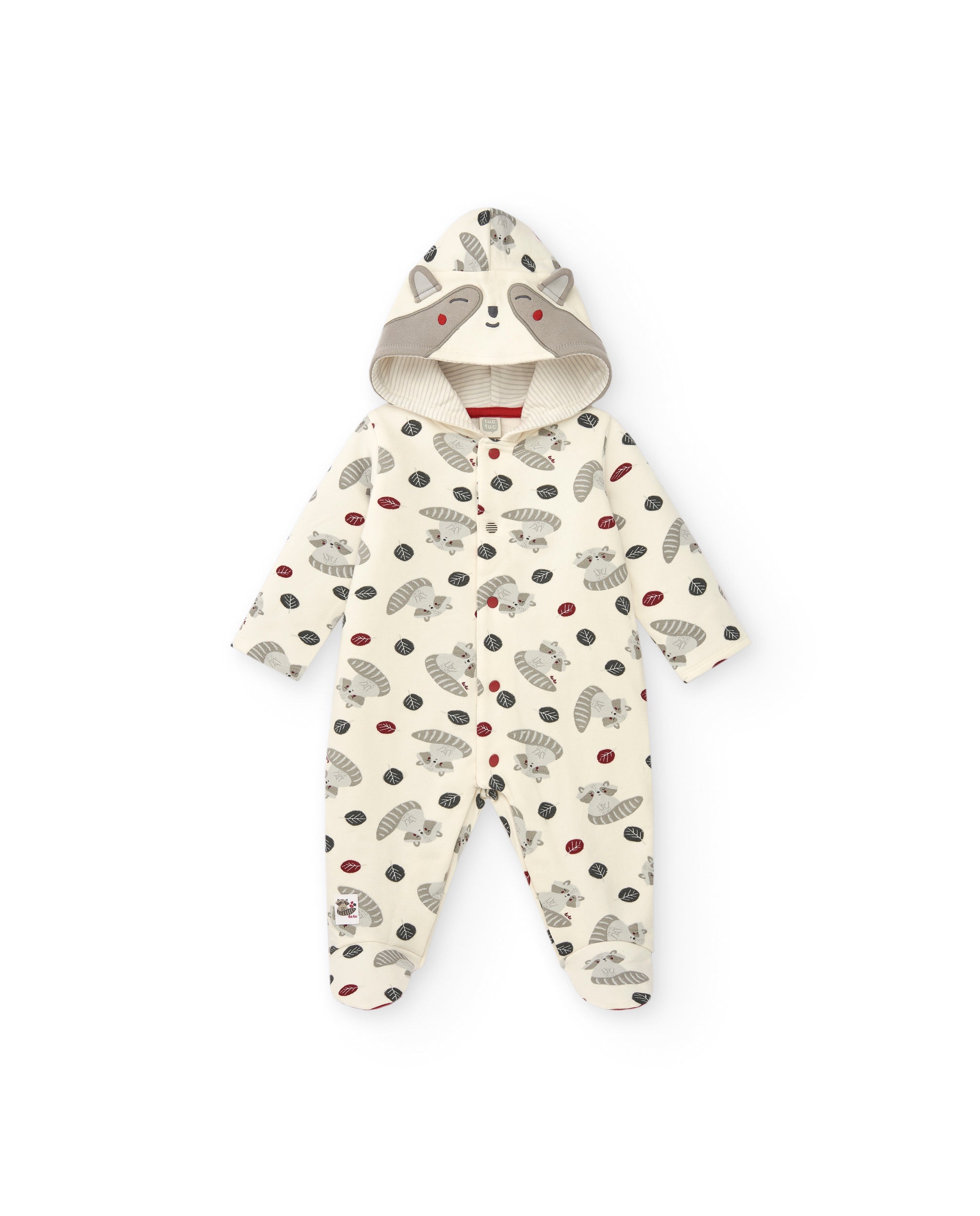 Pelele niño en blanco con estampado de mapaches y capucha