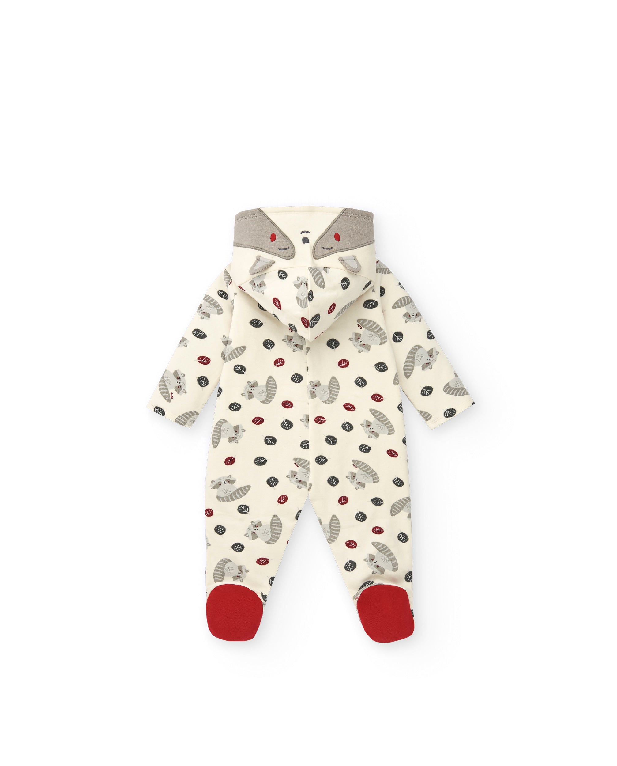 Pelele niño en blanco con estampado de mapaches y capucha