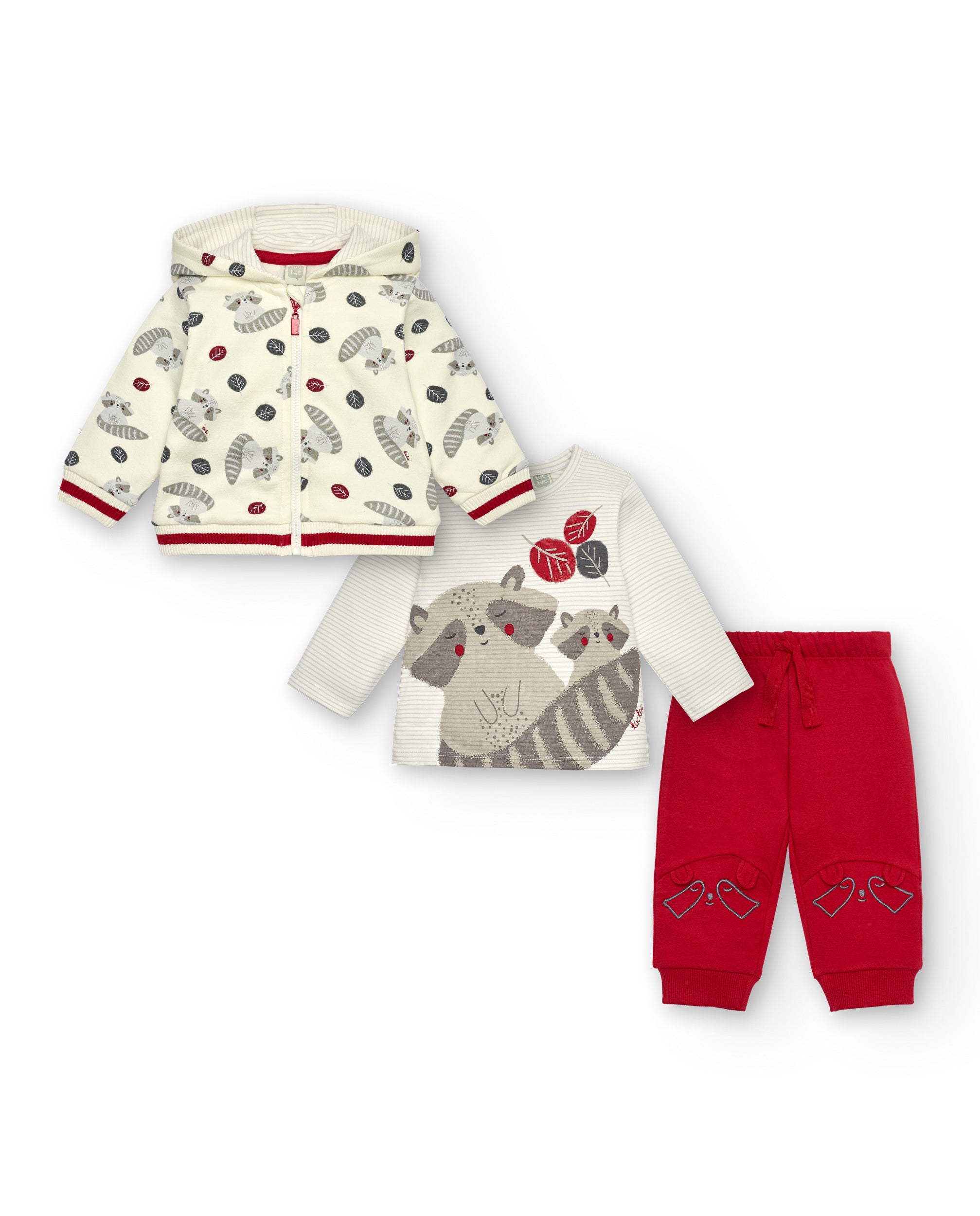 Conjunto de tres piezas para niño en beige y rojo colección