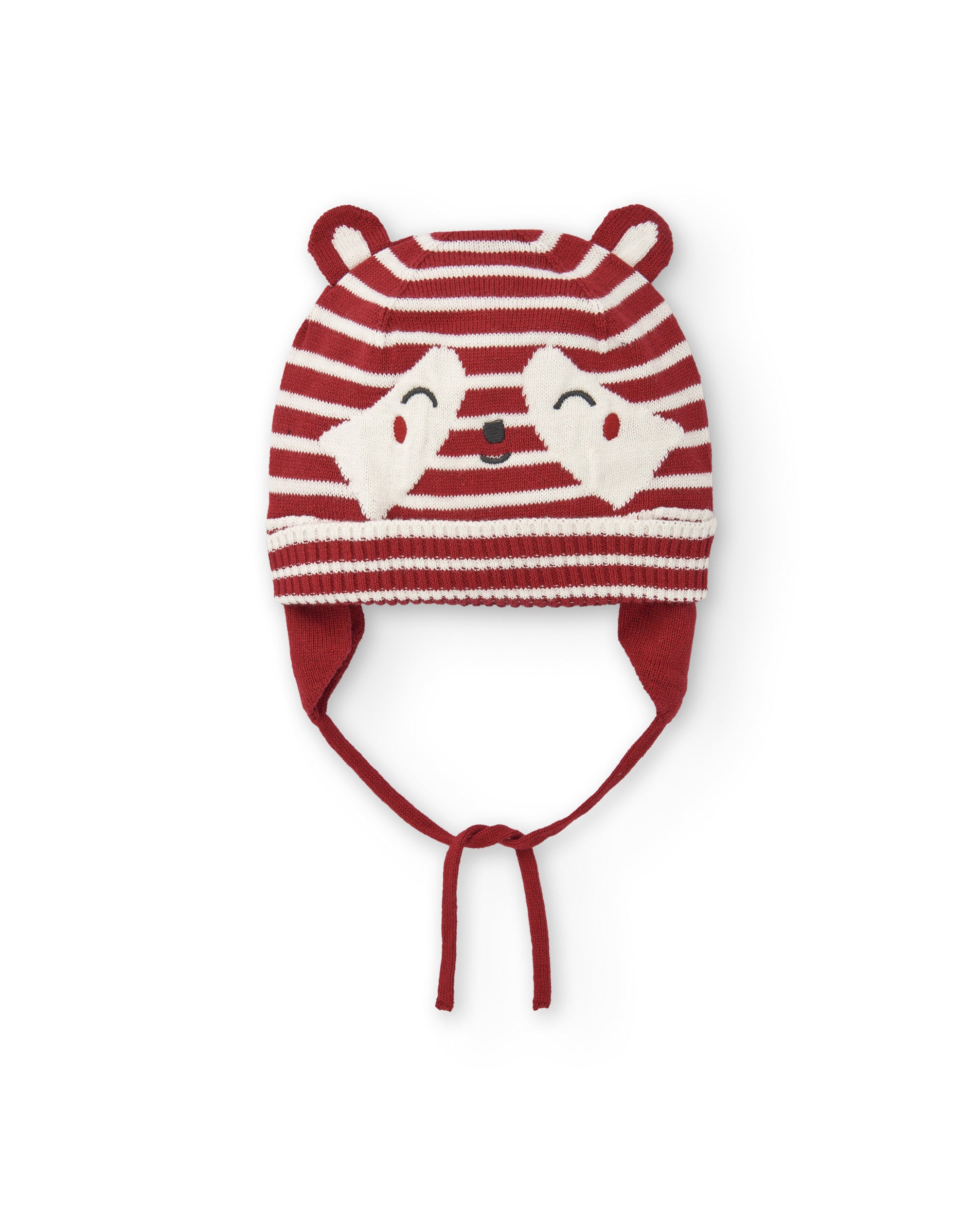 Gorro de punto para niña en rojo con rayas y orejas colección