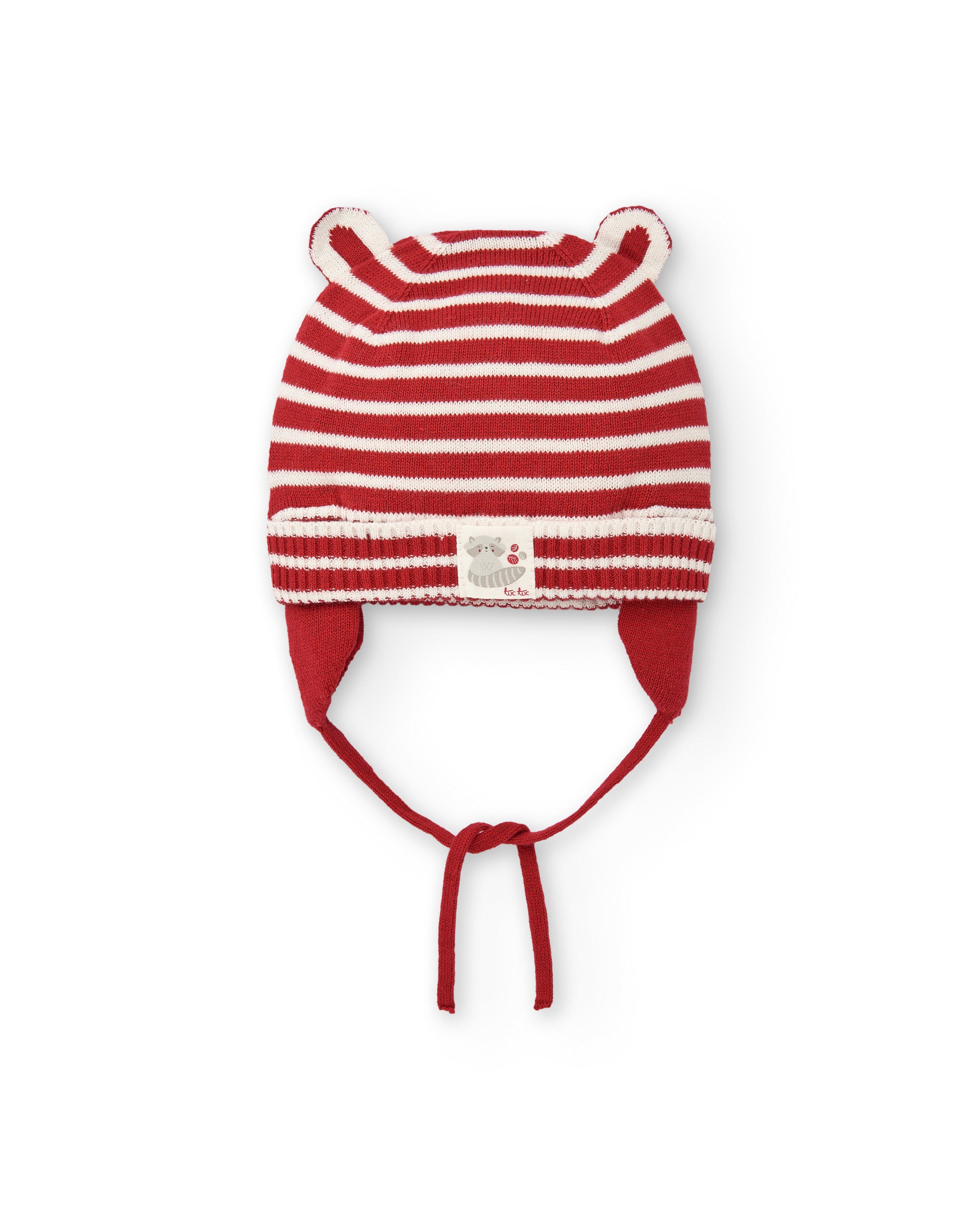 Gorro de punto para niña en rojo con rayas y orejas colección