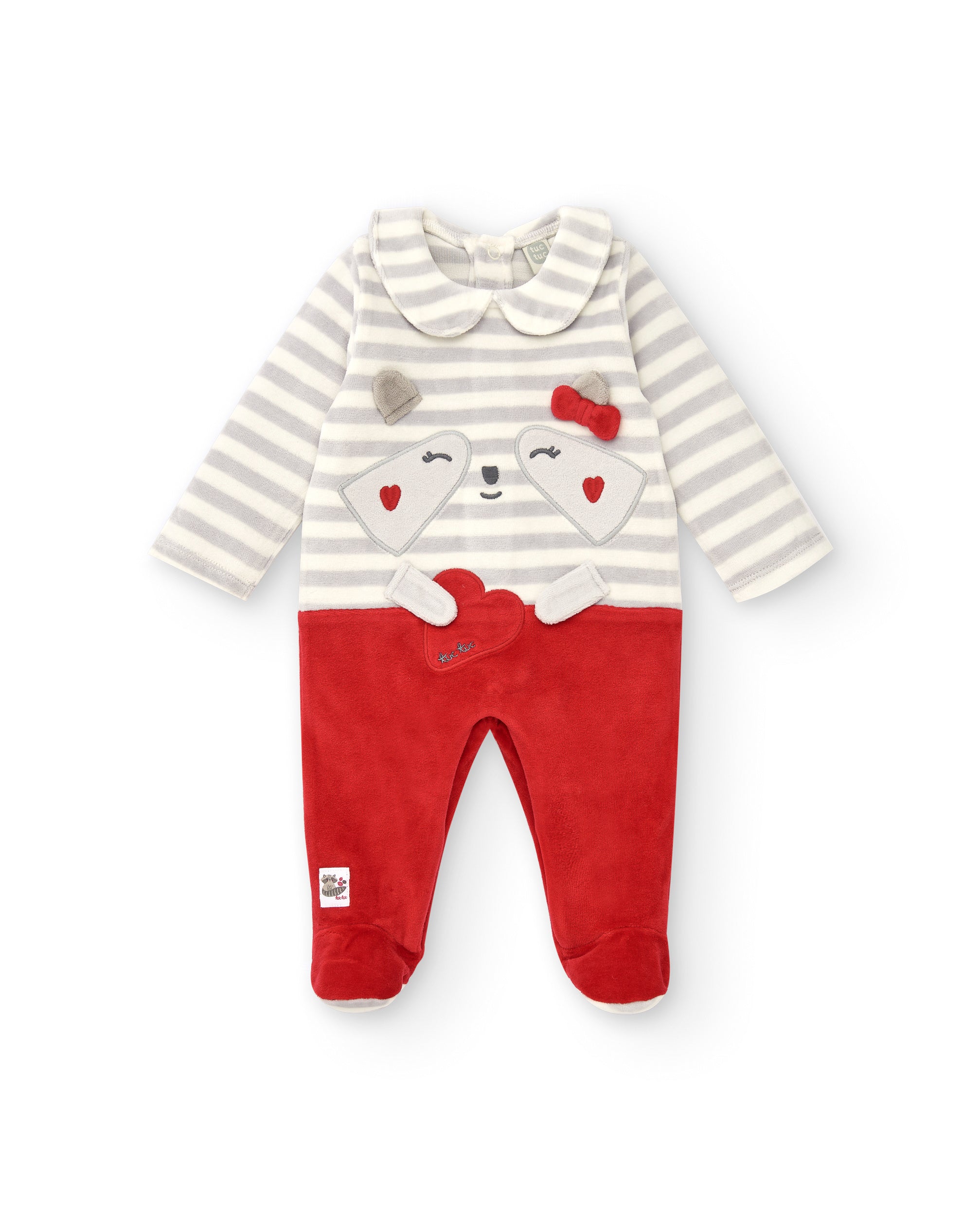 Pelele para niña en rayas grises con detalle de mapache