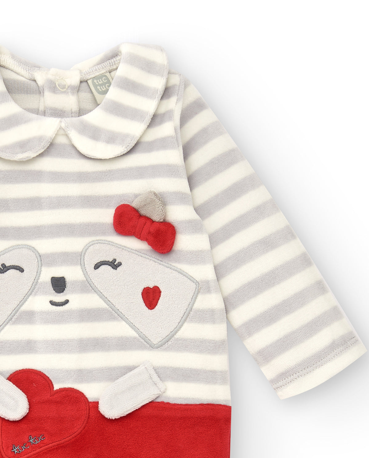 Pelele para niña en rayas grises con detalle de mapache