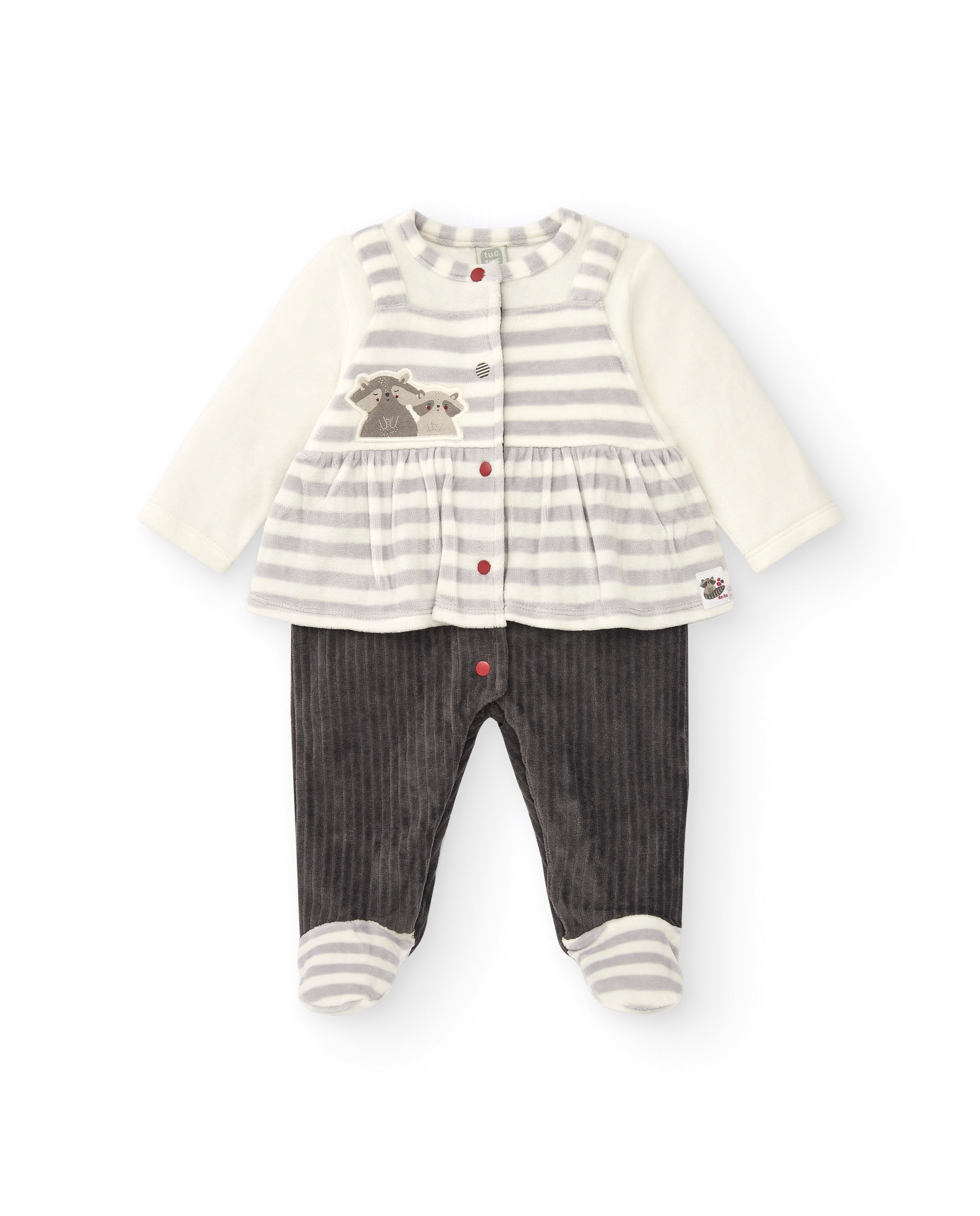 Pelele para niña en gris con rayas y mapache bordado colección