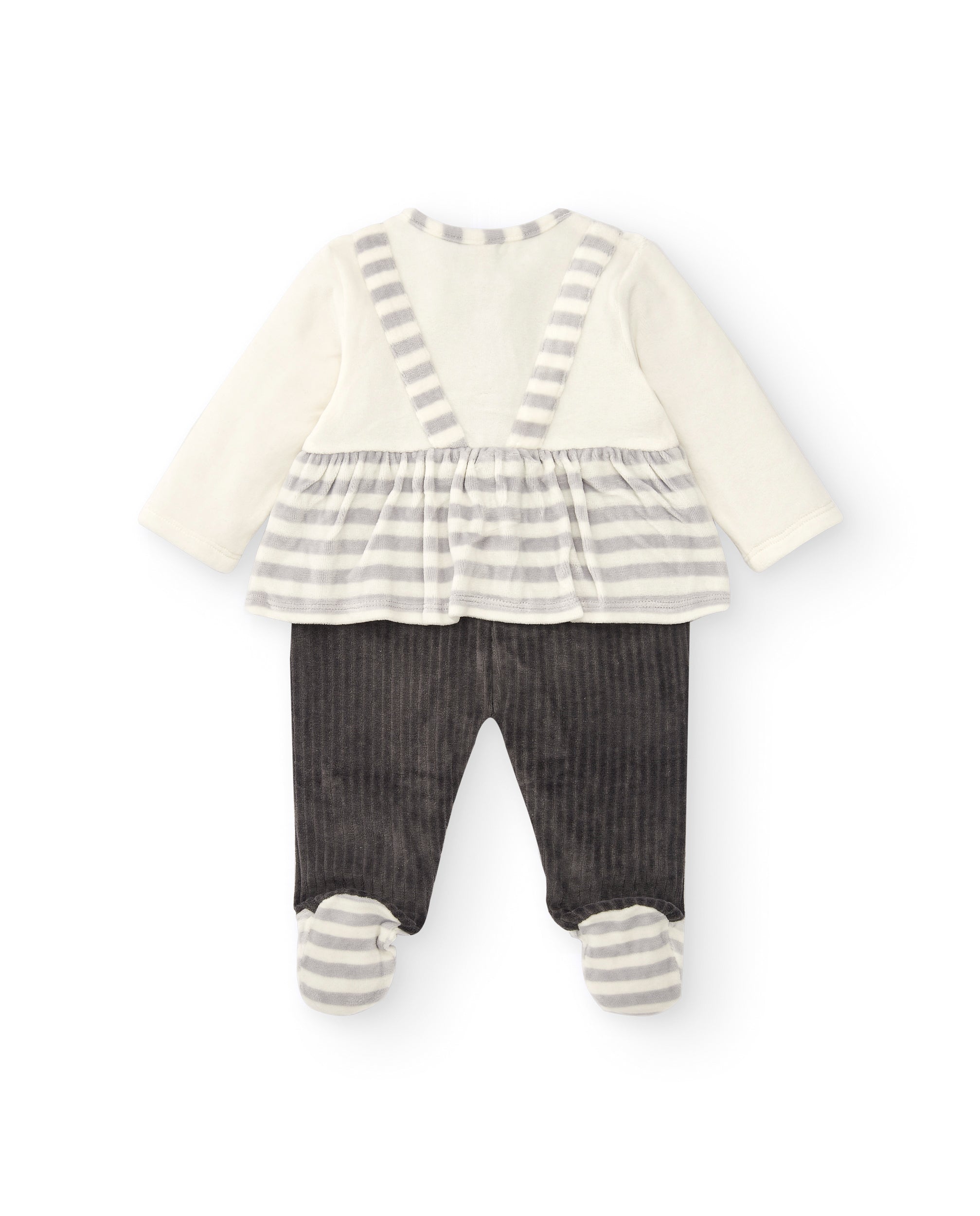 Pelele para niña en gris con rayas y mapache bordado colección