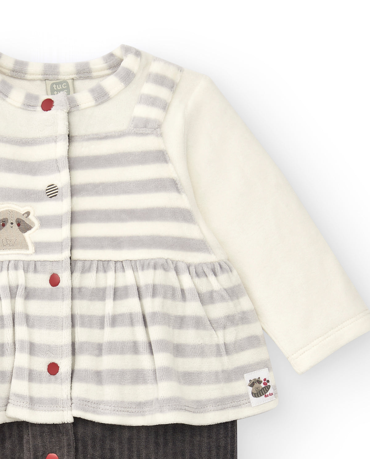 Pelele para niña en gris con rayas y mapache bordado colección