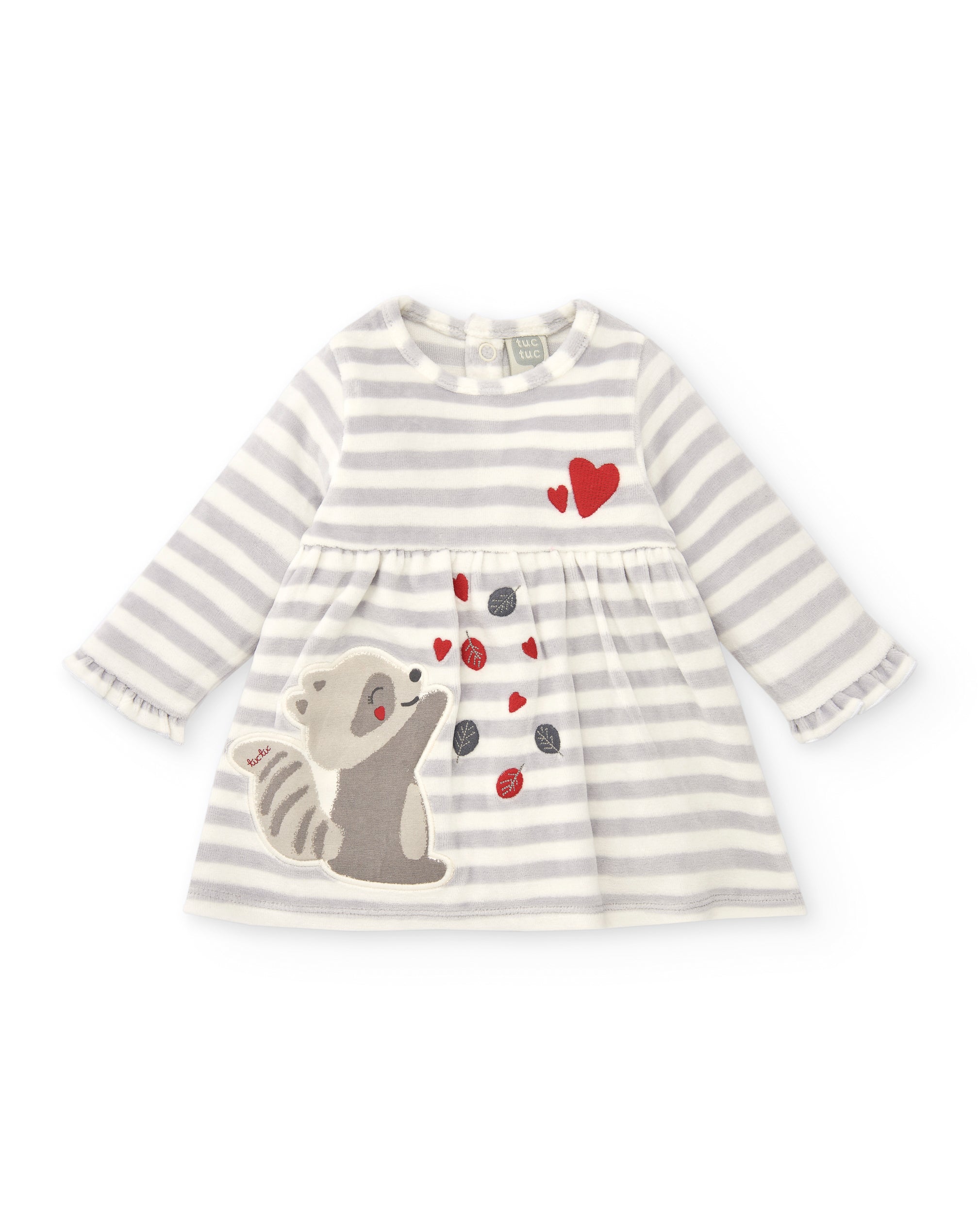 Vestido para niña en gris con rayas y mapache bordado colección