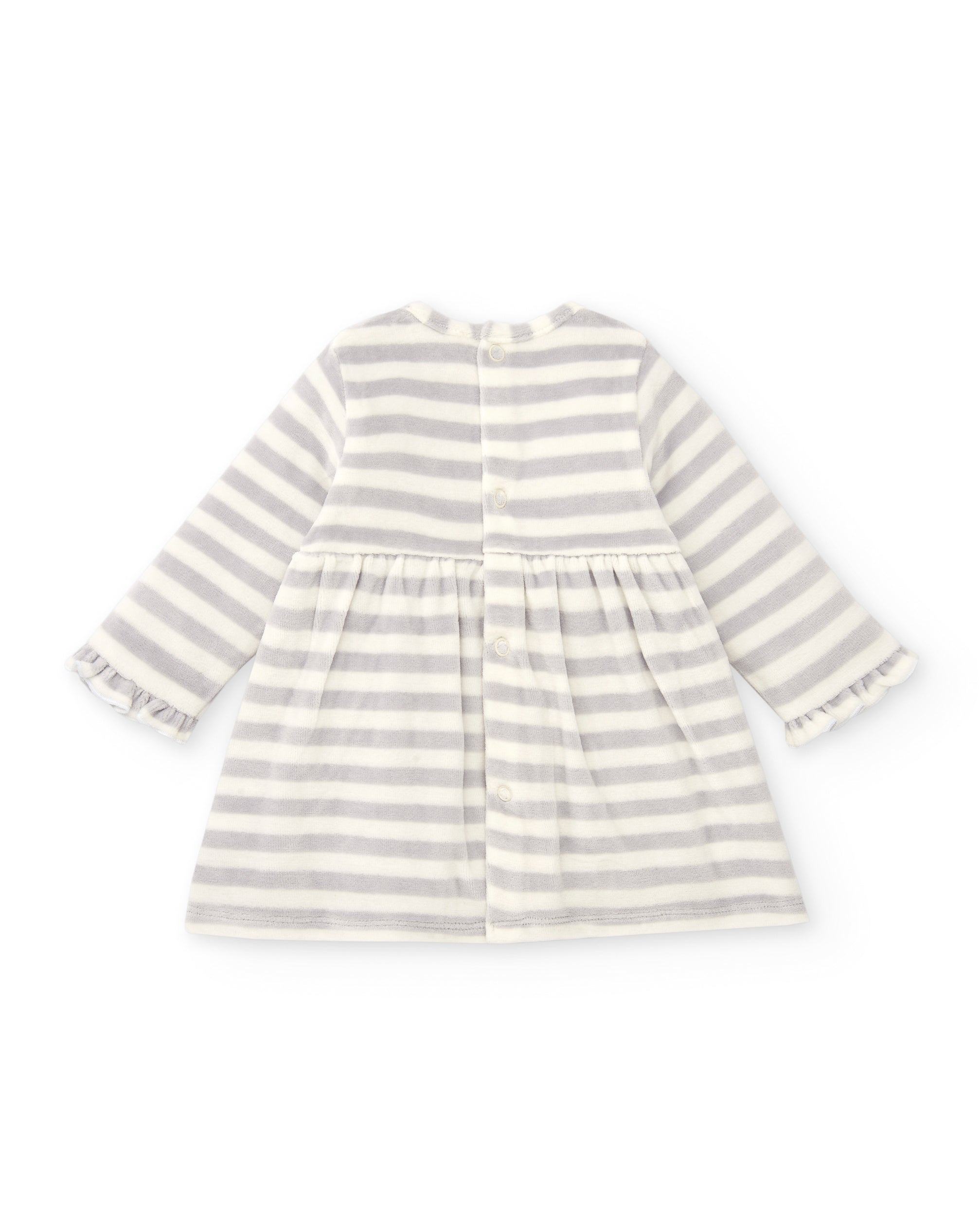 Vestido para niña en gris con rayas y mapache bordado colección