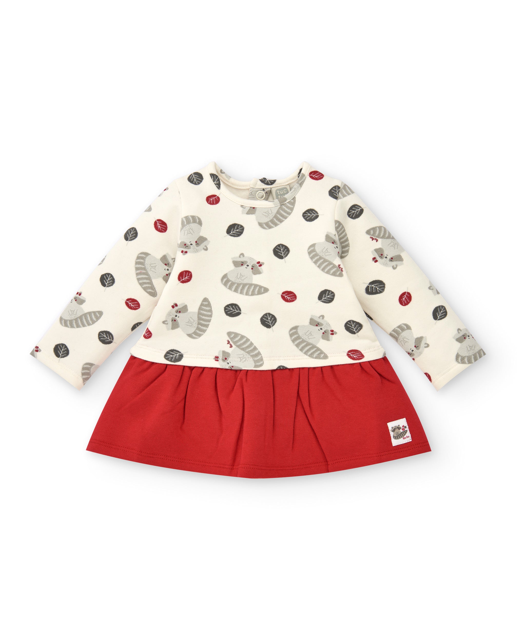 Vestido para niña en crudo con estampado de mapaches colección