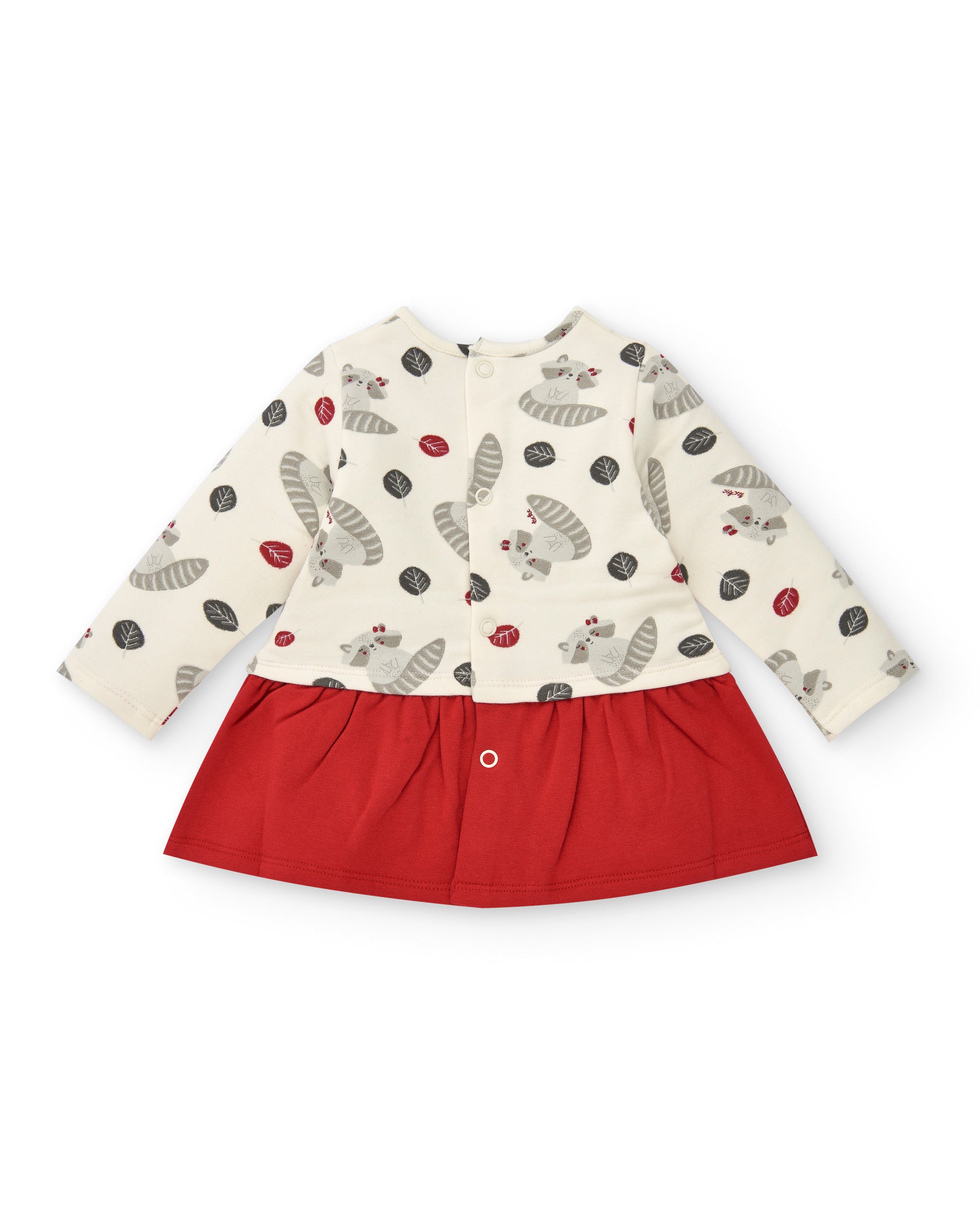 Vestido para niña en crudo con estampado de mapaches colección