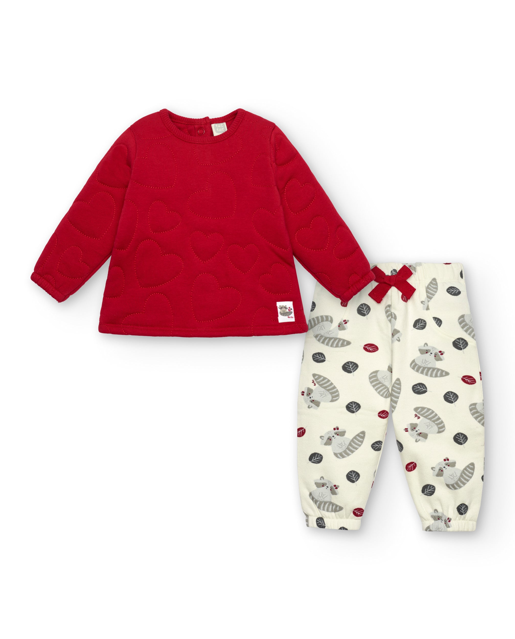 Conjunto para niña en rojo con estampado de mapaches colección