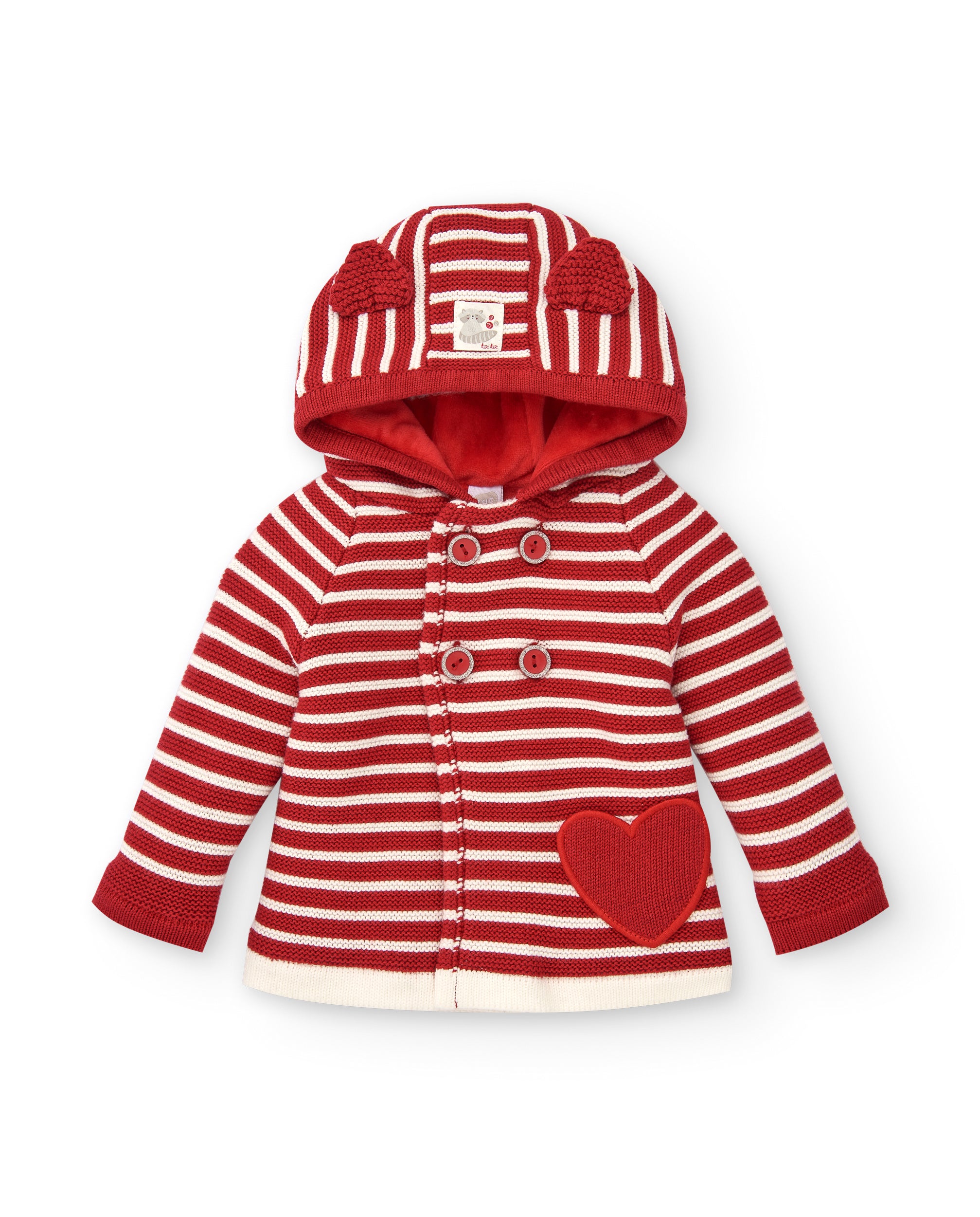 Chaqueta de punto para niña en rojo con rayas y detalle de