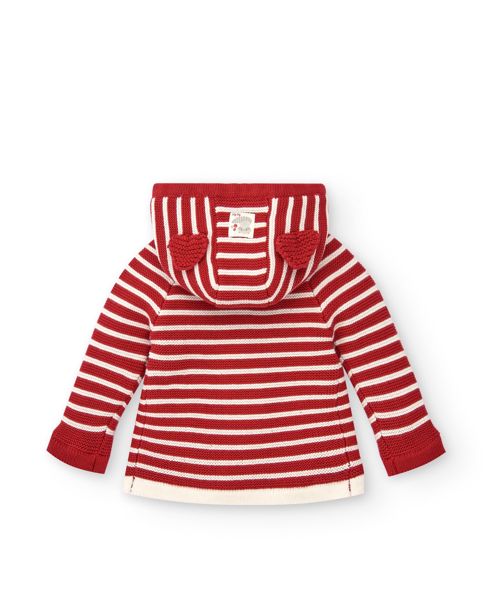 Chaqueta de punto para niña en rojo con rayas y detalle de